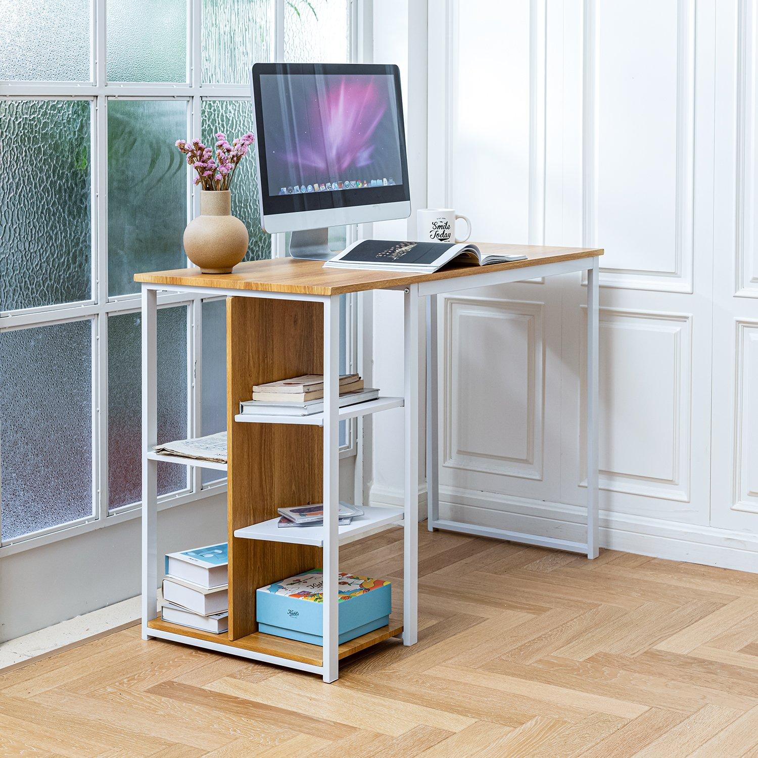 Brown/White - FurnitureR - JESUSA White and Wooden 110cm Desk with 3 shelves - 2