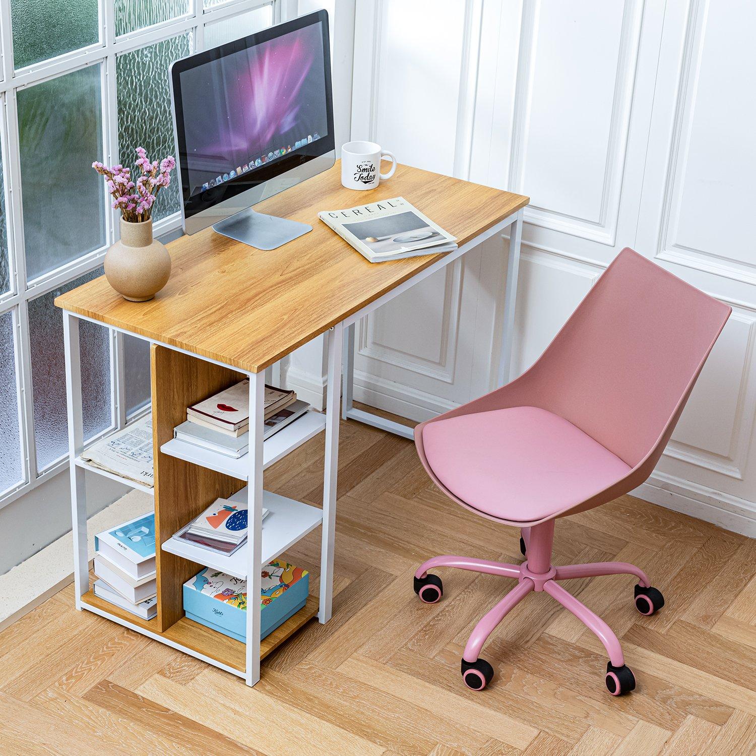 Brown/White - FurnitureR - JESUSA White and Wooden 110cm Desk with 3 shelves - 3