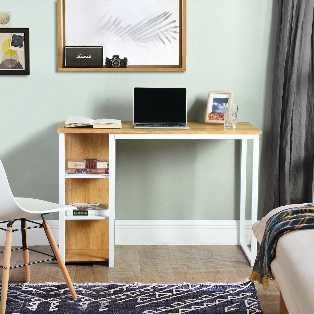 Brown/White - FurnitureR - JESUSA White and Wooden 110cm Desk with 3 shelves - 4