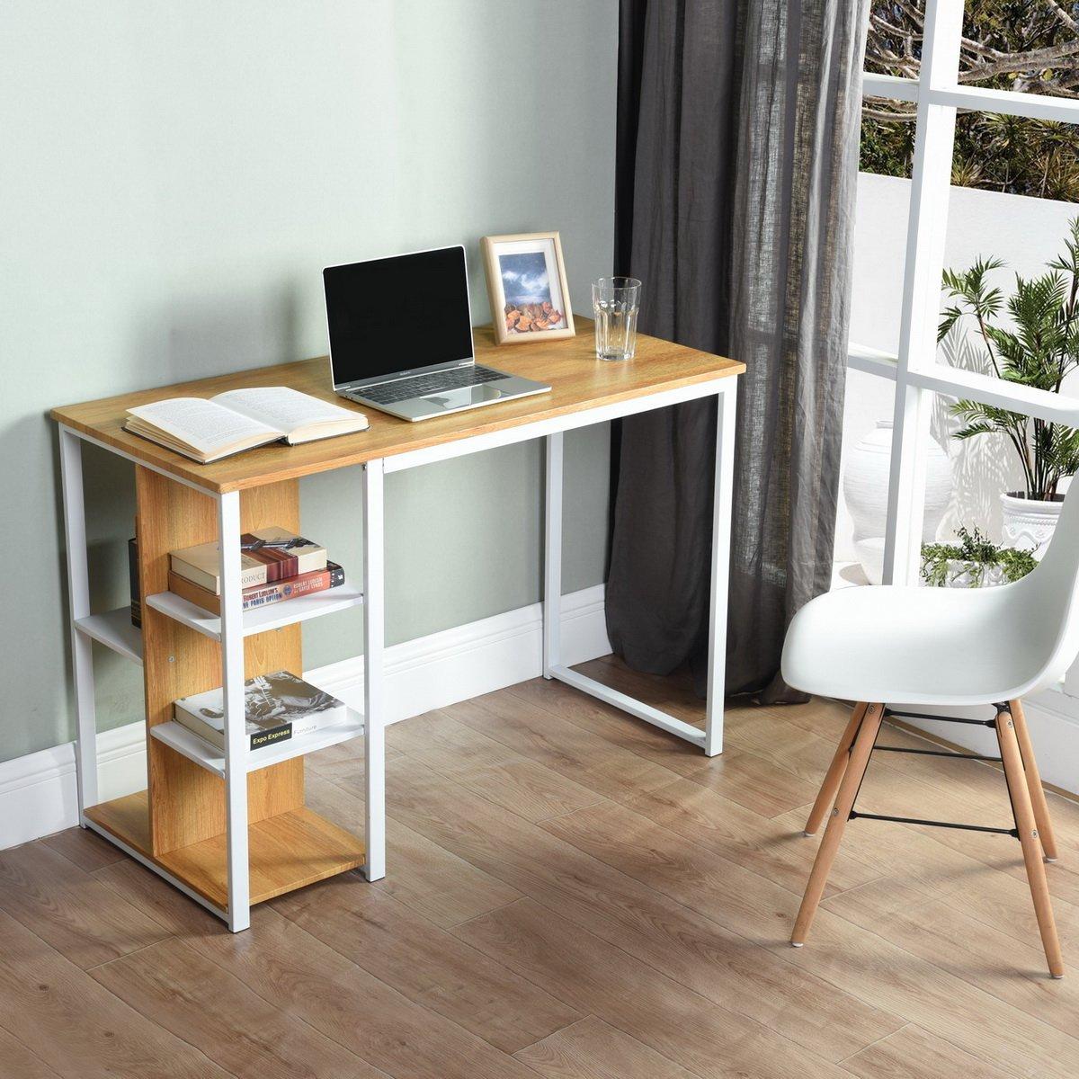 Brown/White - FurnitureR - JESUSA White and Wooden 110cm Desk with 3 shelves - 5