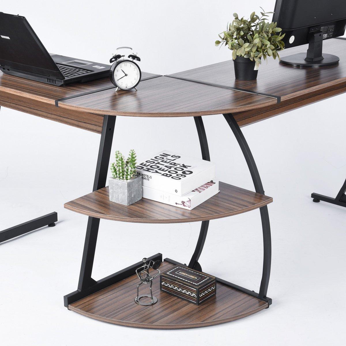 Brown - HOMEMAKE - KANTE Black and Wooden L-shaped Desk with 2 Shelves - 3