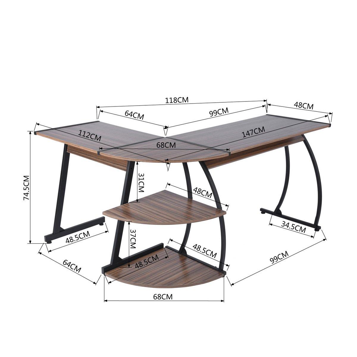Brown - HOMEMAKE - KANTE Black and Wooden L-shaped Desk with 2 Shelves - 7