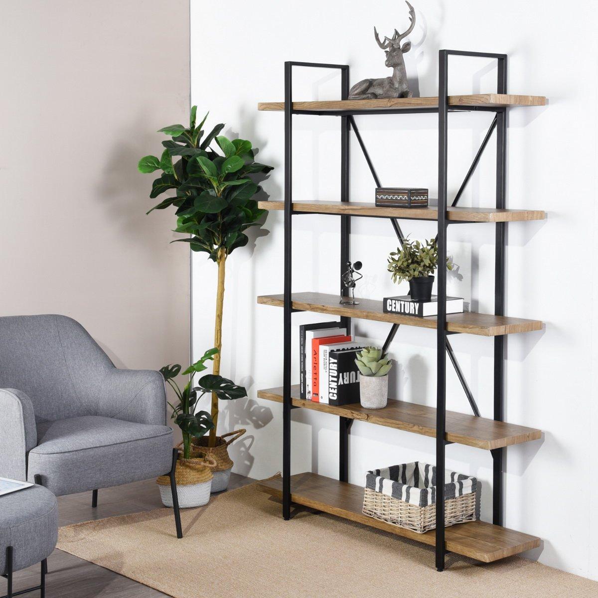 Brown - FurnitureR - LACK Black and Wooden Shelf 5 Tier - 1