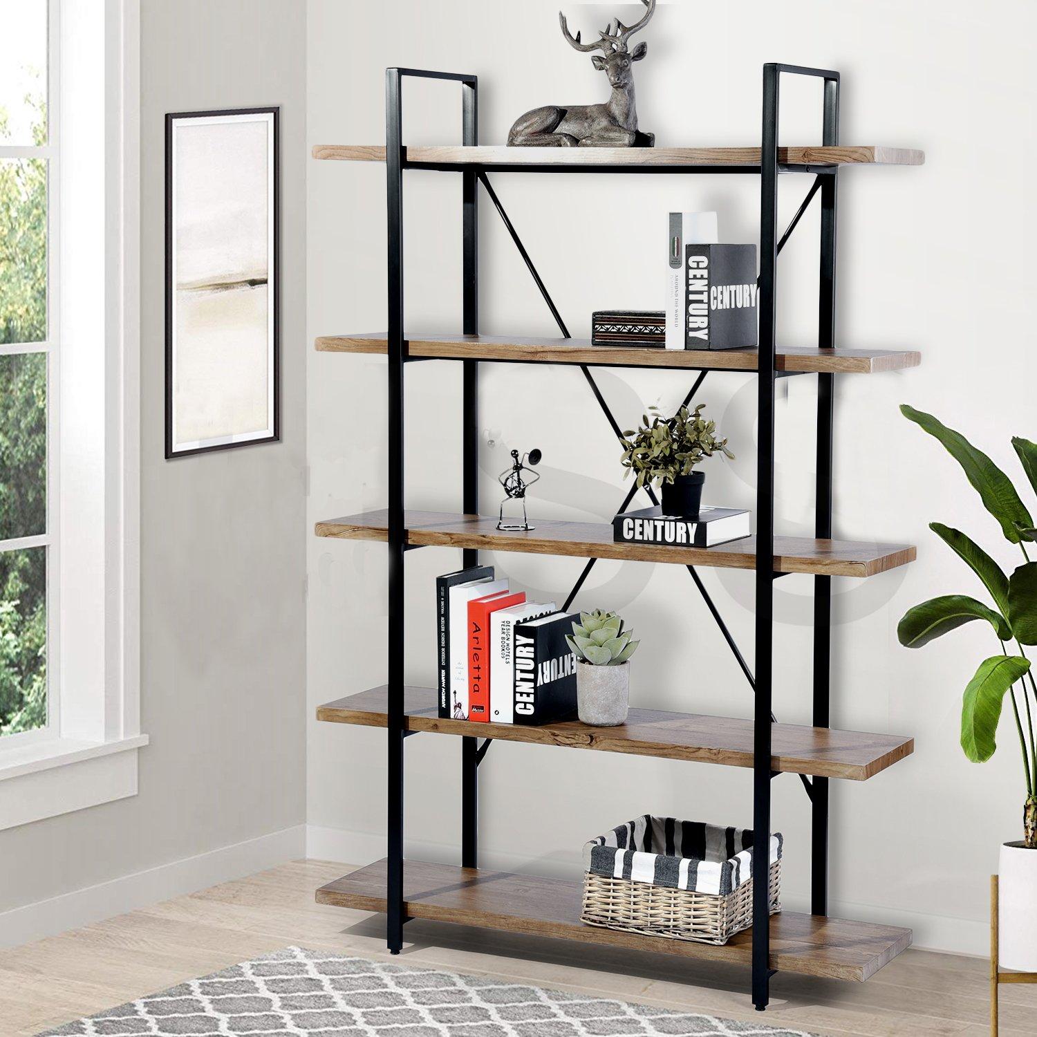 Brown - FurnitureR - LACK Black and Wooden Shelf 5 Tier - 2