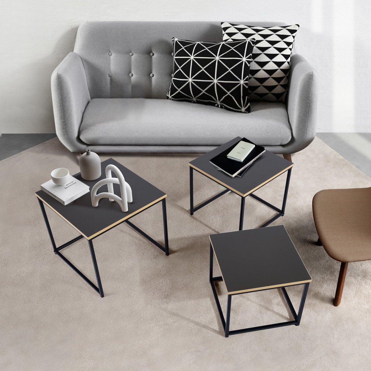 50cm - FurnitureR - RICKY Black and Wooden Coffee Table Set of 3 - 2