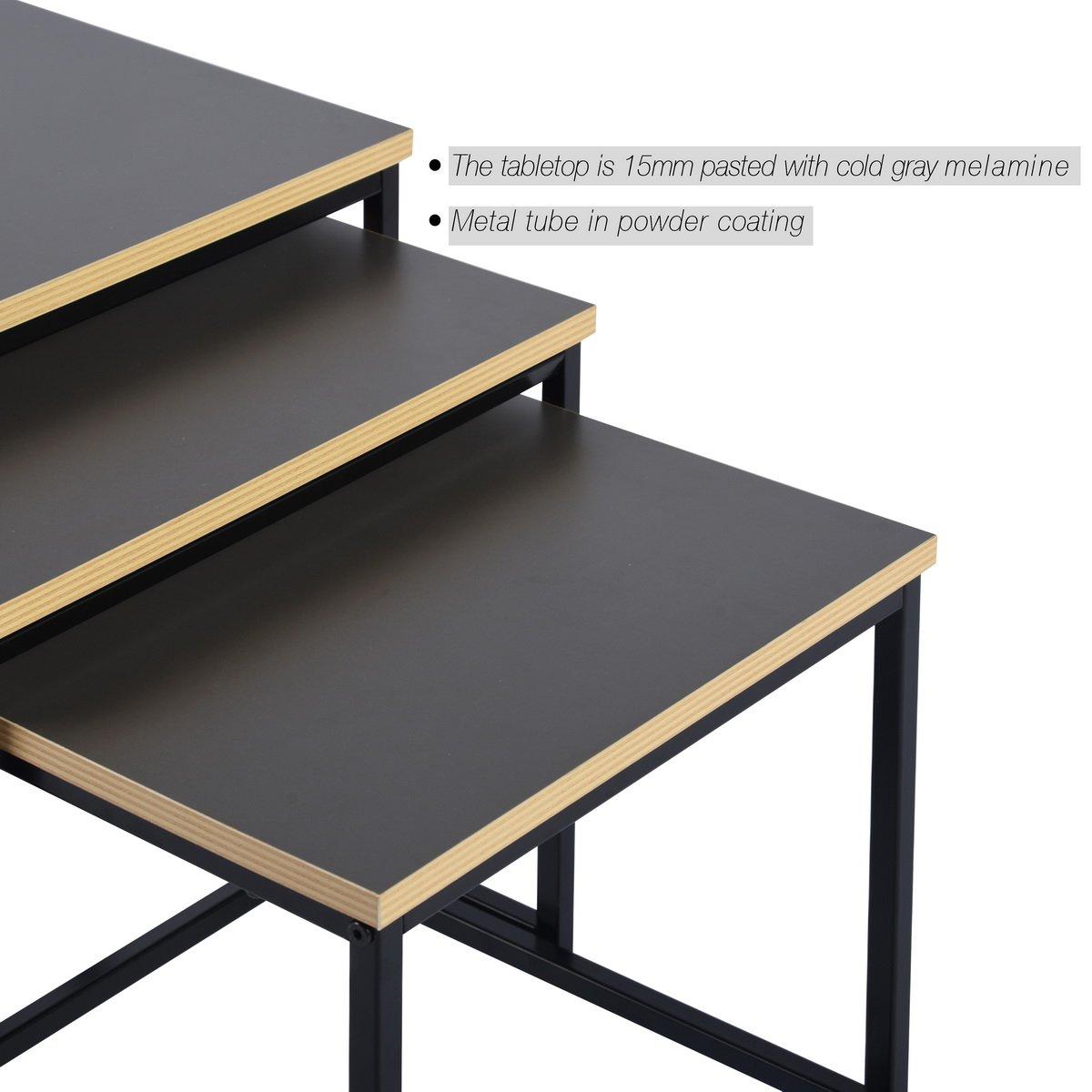 50cm - FurnitureR - RICKY Black and Wooden Coffee Table Set of 3 - 3