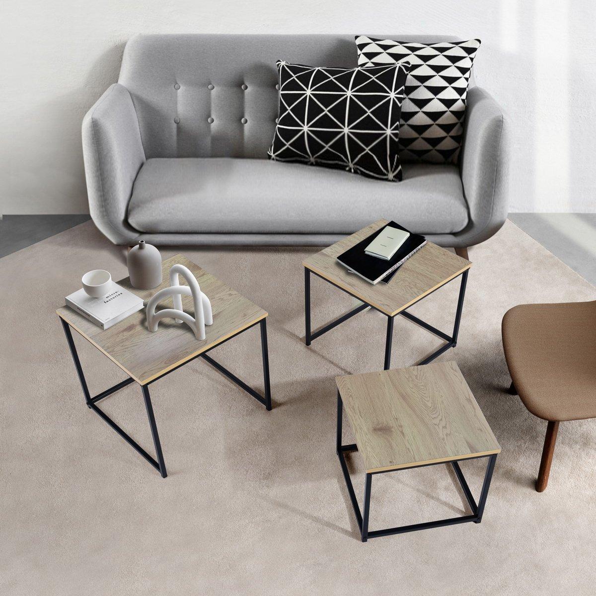 50cm - FurnitureR - RICKY Black and Wooden Coffee Table Set of 3 - 2