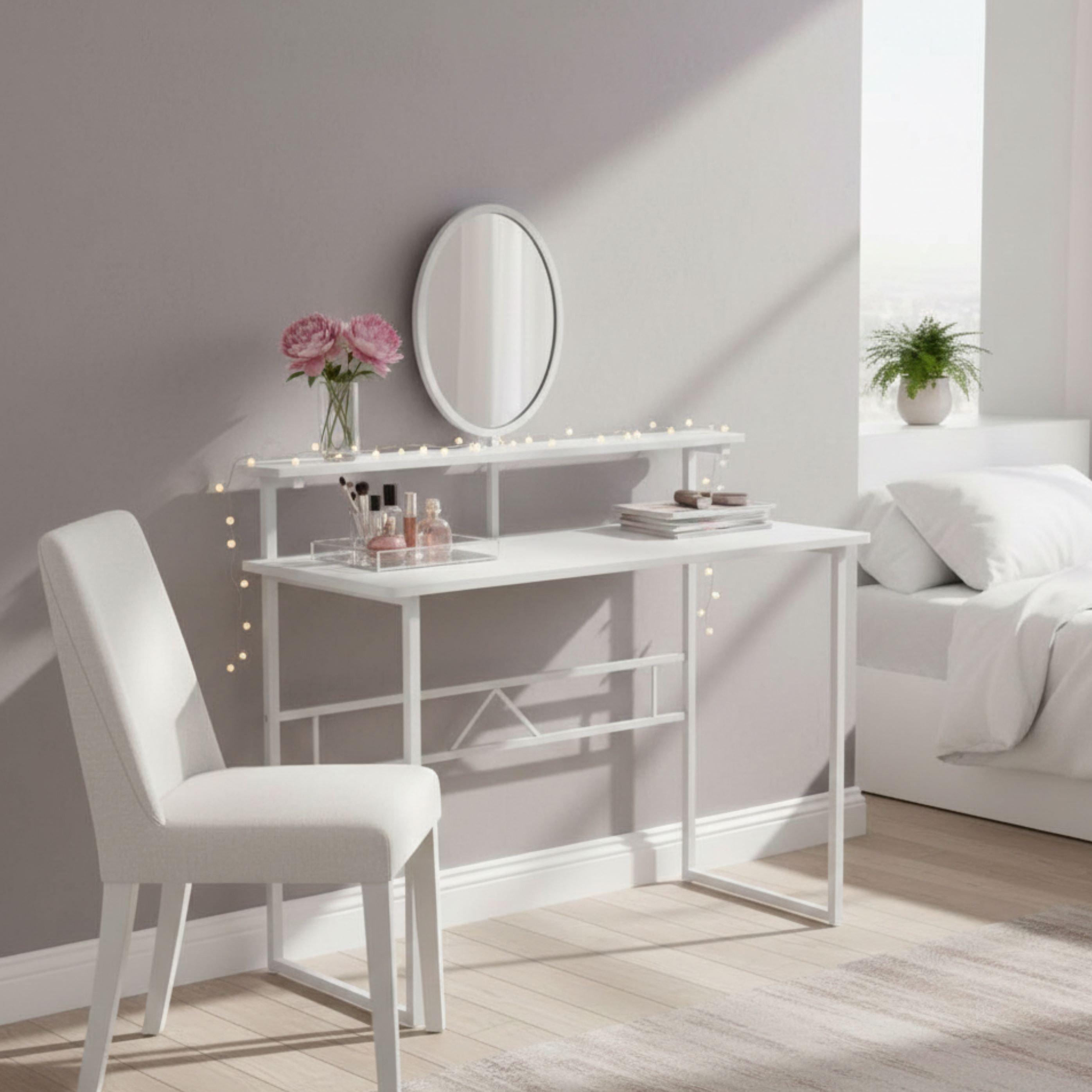 White - FurnitureR - THOMPSON White Dressing Table with Mirror - 2
