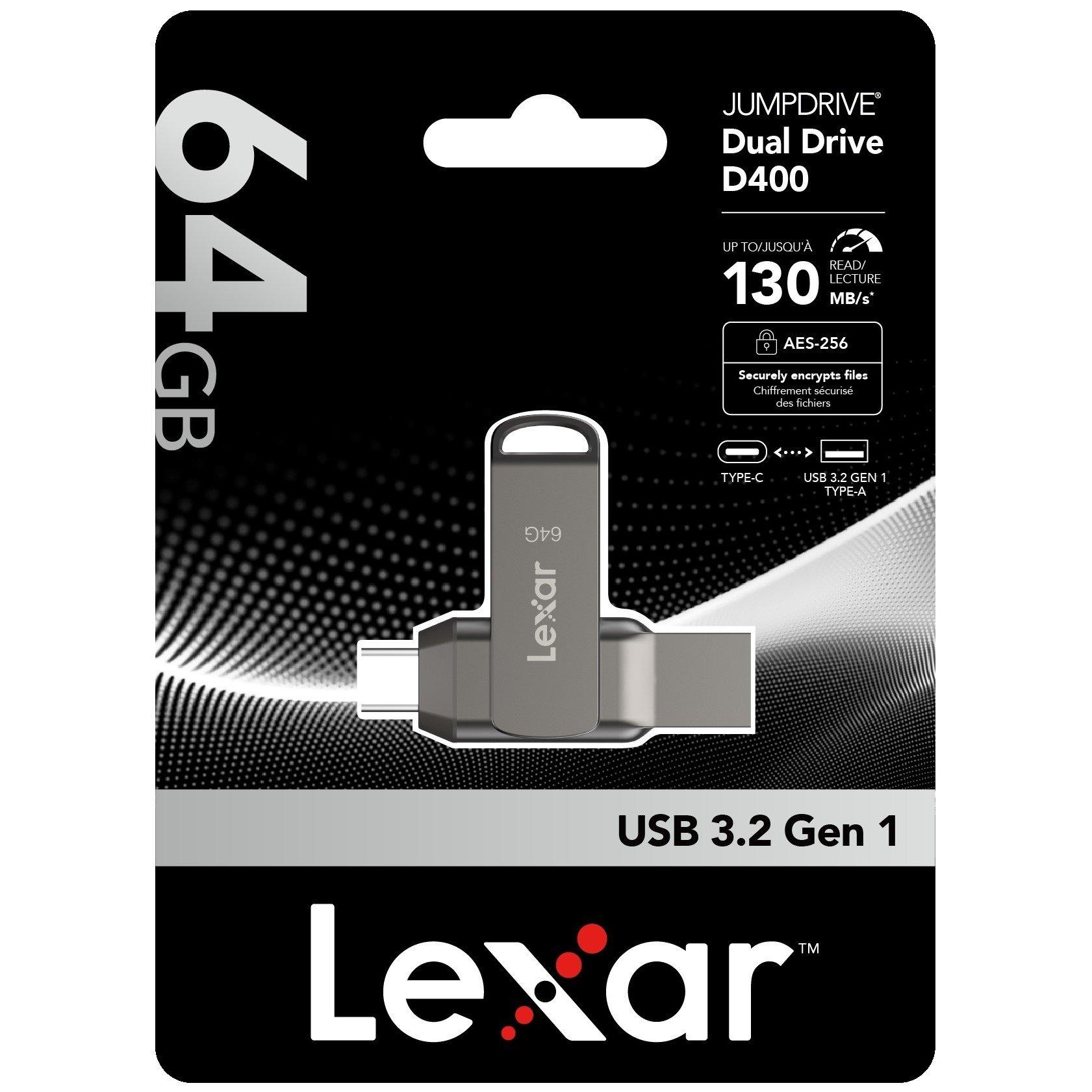 Grey - Lexar - D40E 64GB Dual USB Flash drive - 3.2 Gen 1 Type-C Jump Drive - 1