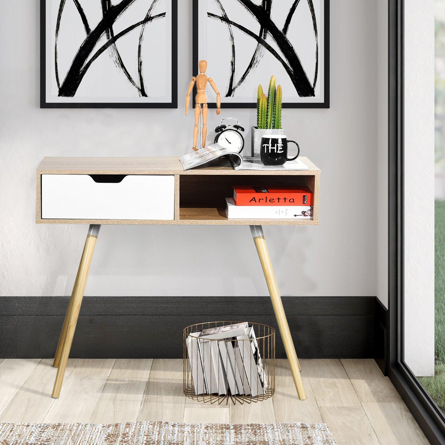 Brown - FurnitureR - ULTRON White and Wooden 90*40cm Desk with Drawer - 2