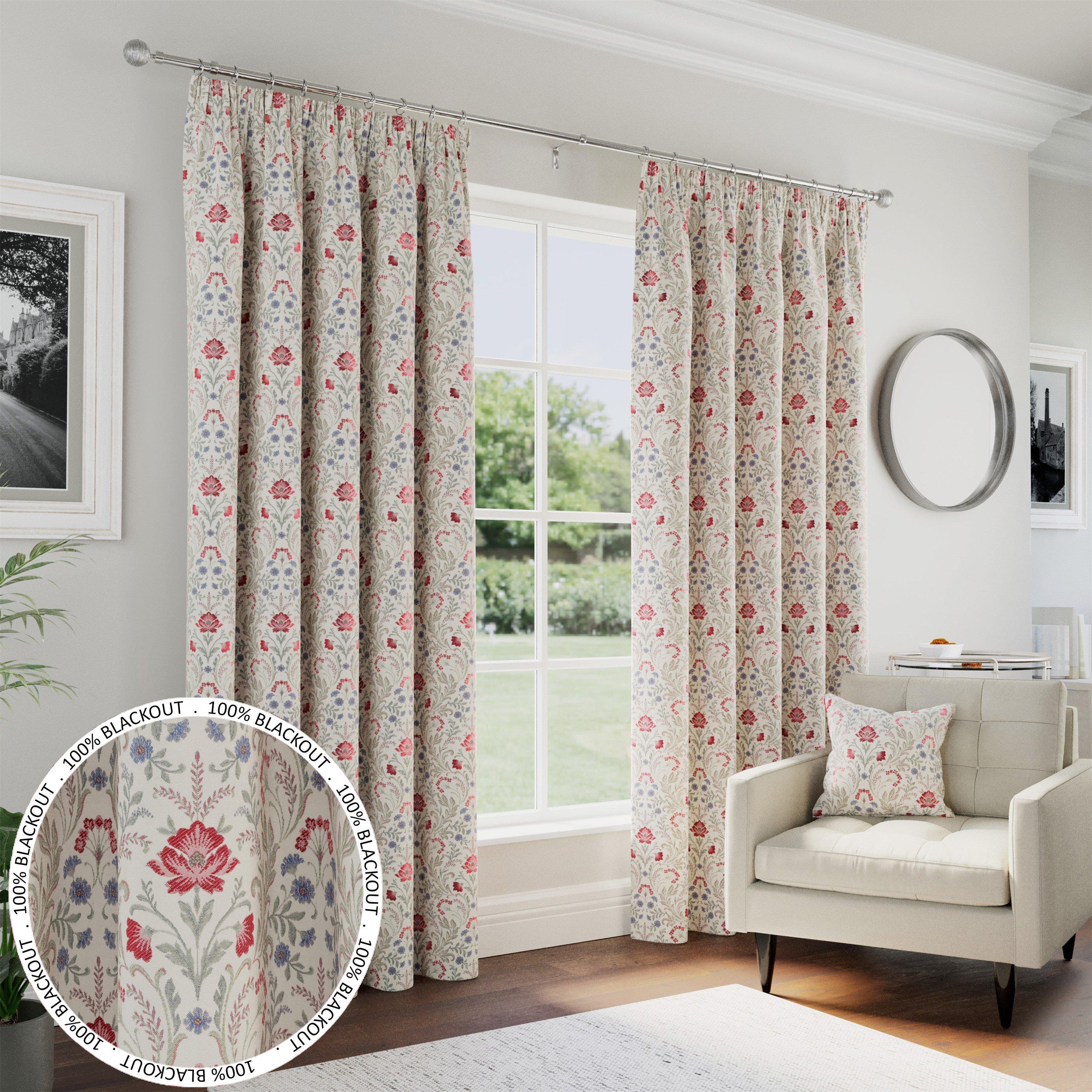 Red - Enhanced Living - Cotswold Red Floral Blackout Tape Top Curtains - 1