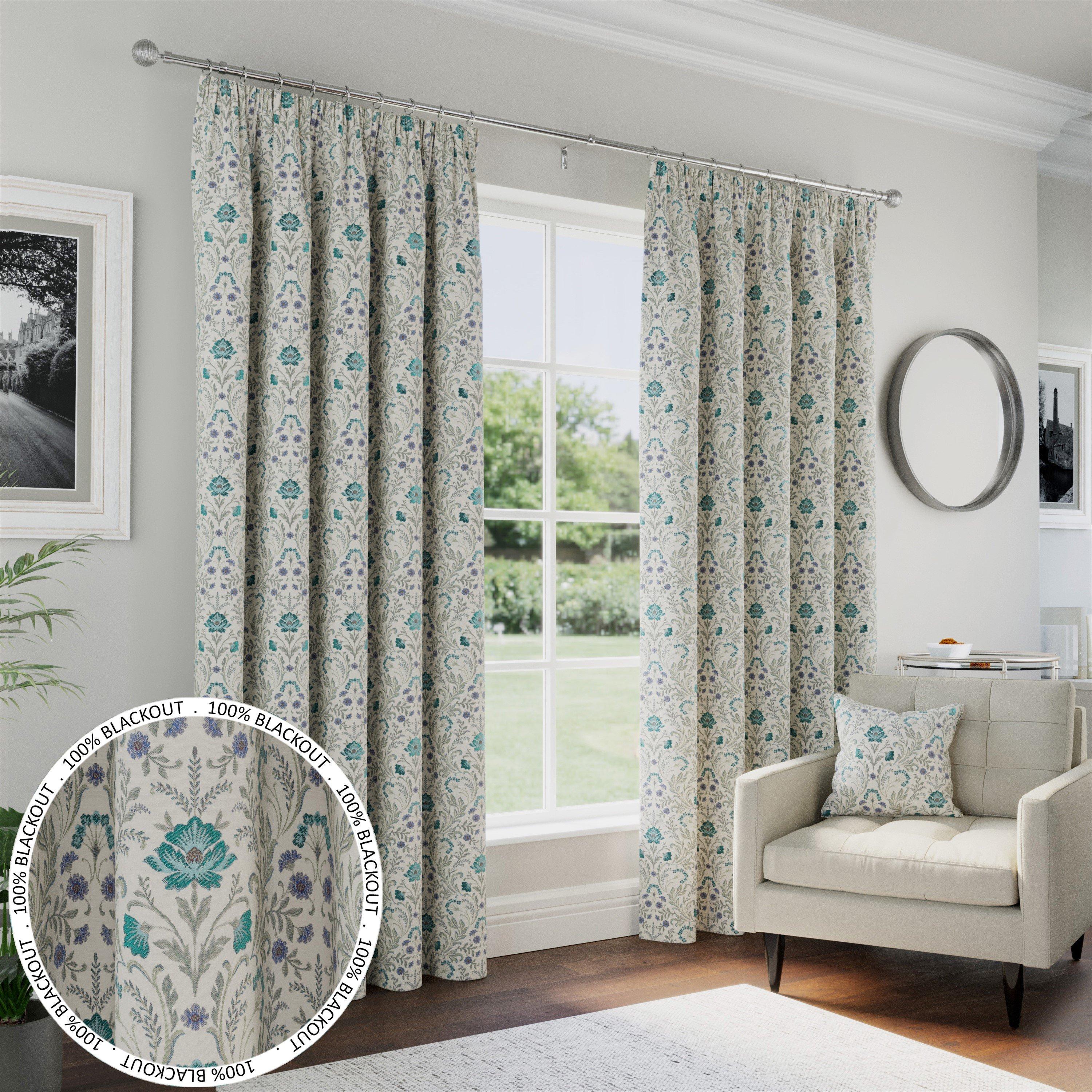 Blue - Enhanced Living - Cotswold Blue Floral Blackout Tape Top Curtains - 1