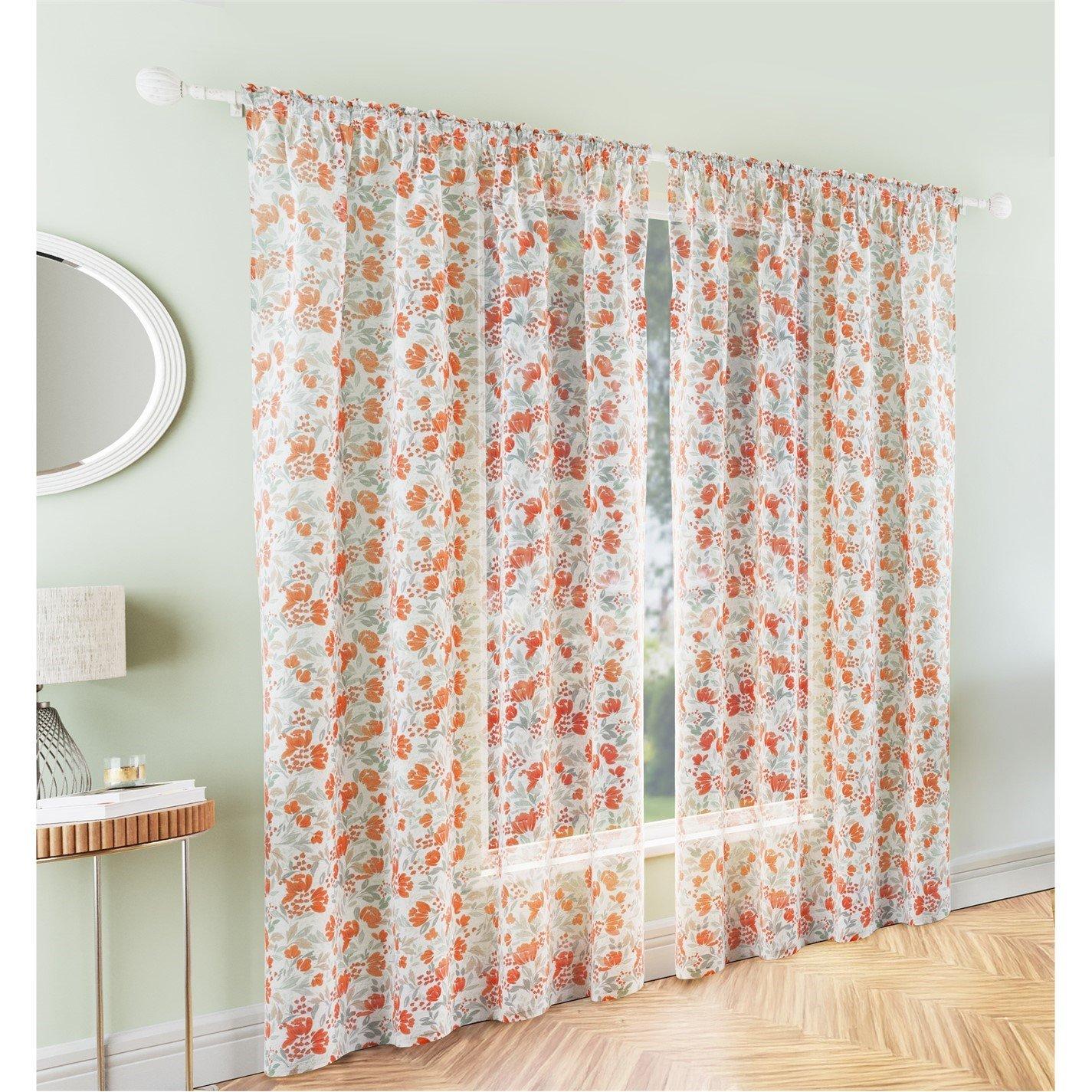 Tyrone Textiles  Mia Floral Print Sheer Voile Panels - Pair - Burnt Orange - 140x137cm