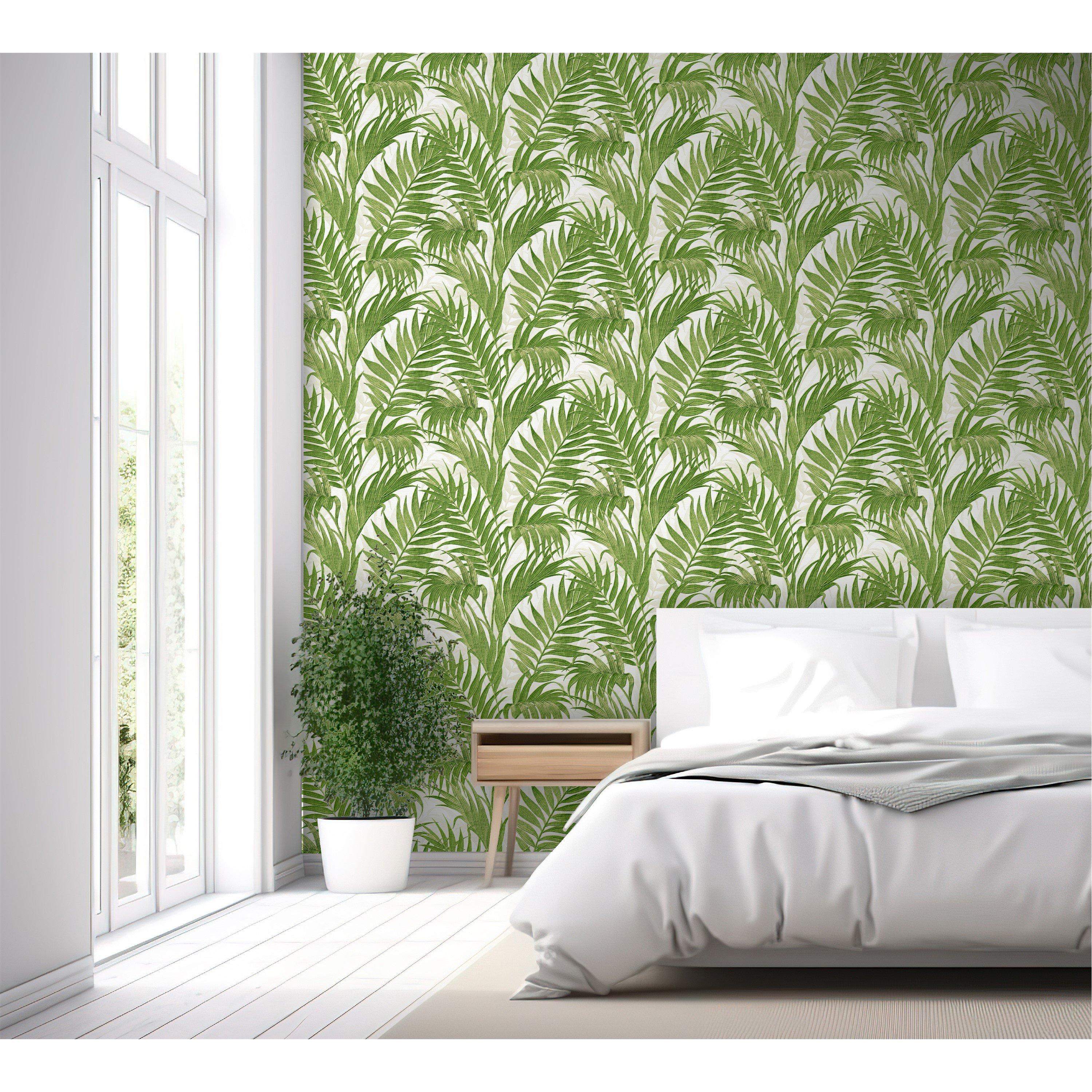Green - Design ID - DID Tropical Palm Leaf Green & White Wallpaper - 4