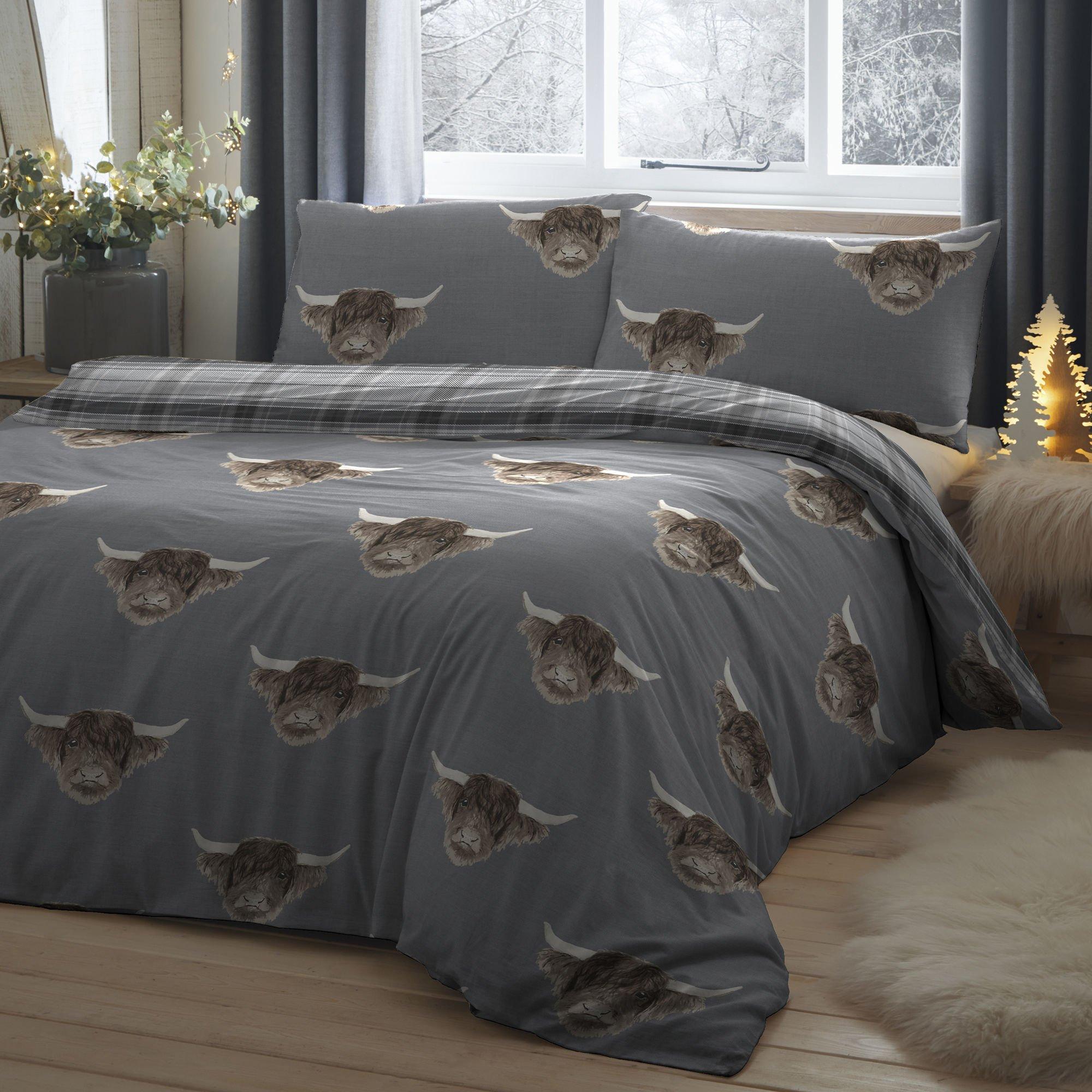 Grey - Fusion - Highland Cow Duvet Cover Set in Grey - 1