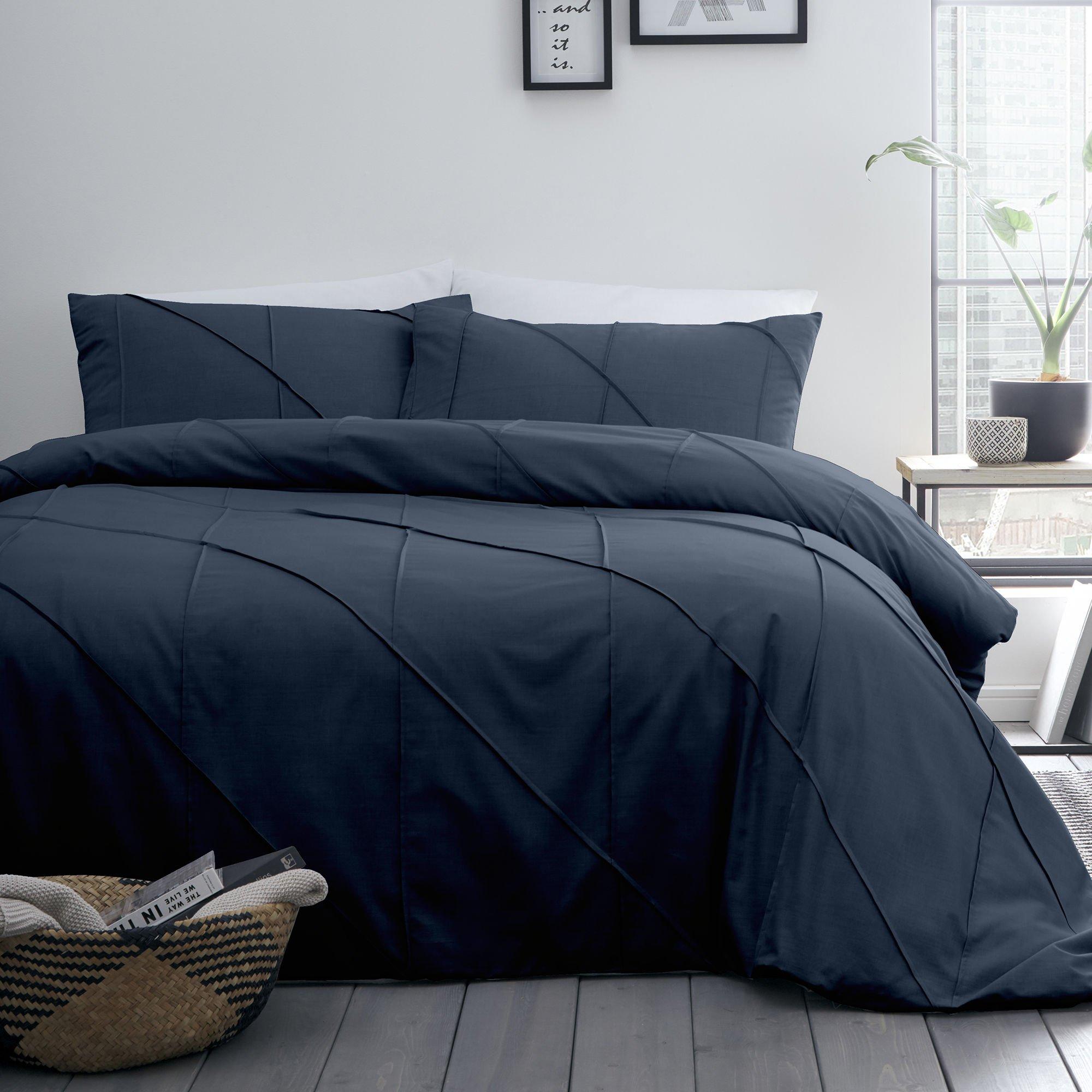 Navy - Serene Home - Dart Boutique Pleat Detail Duvet Cover Set in Navy - 1