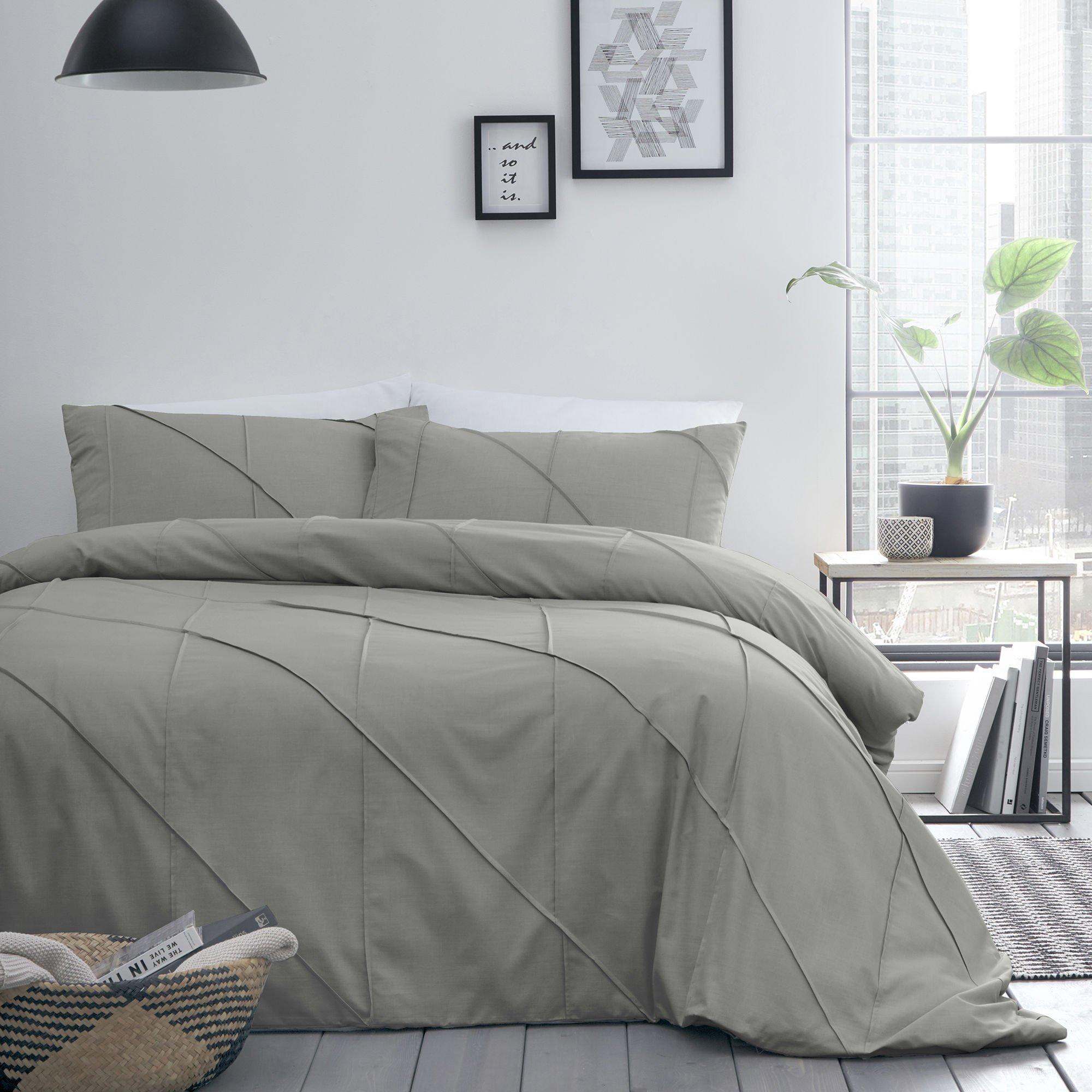 Grey - Serene Home - Dart Boutique Pleat Detail Duvet Cover Set in Grey - 1