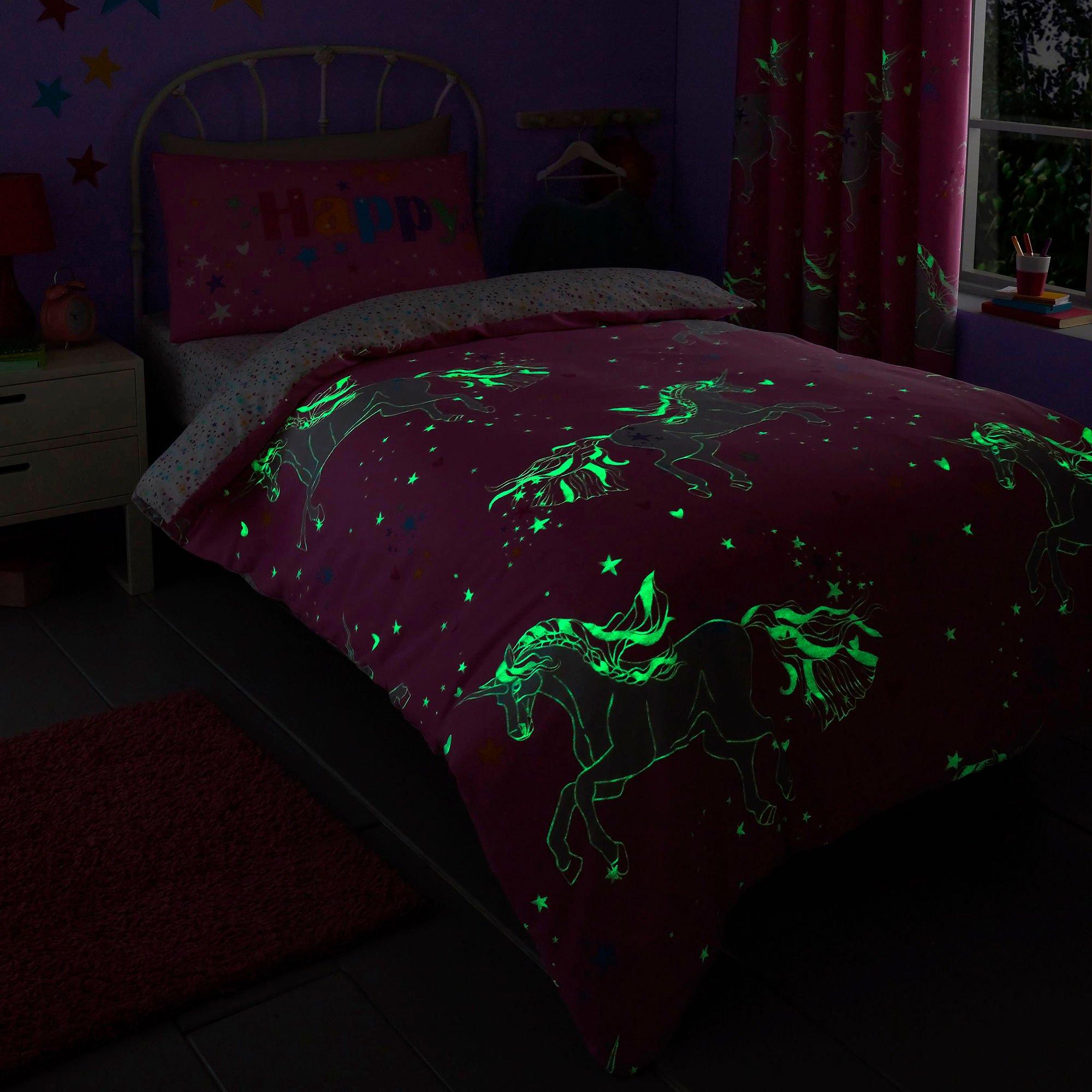 Pink - Bedlam - Unicorn Glow in the Dark Kids Pink Duvet Cover Set - 2
