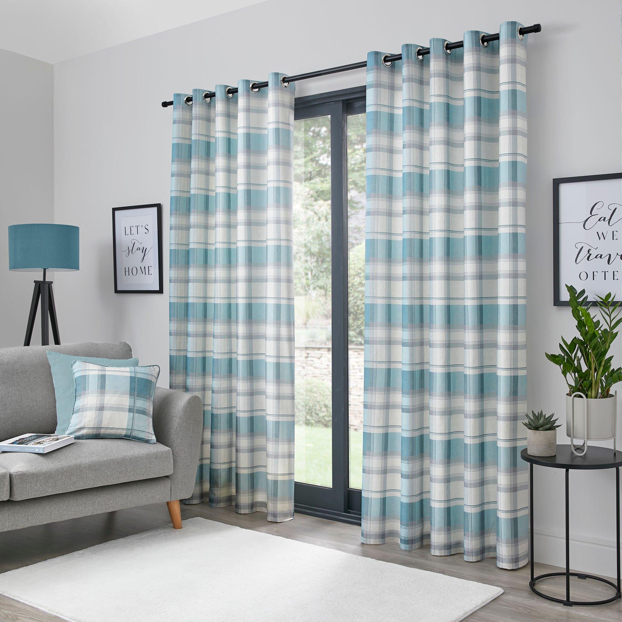 Fusion  Balmoral Check Cotton Eyelet Curtains In Duck Egg - 229x229cm