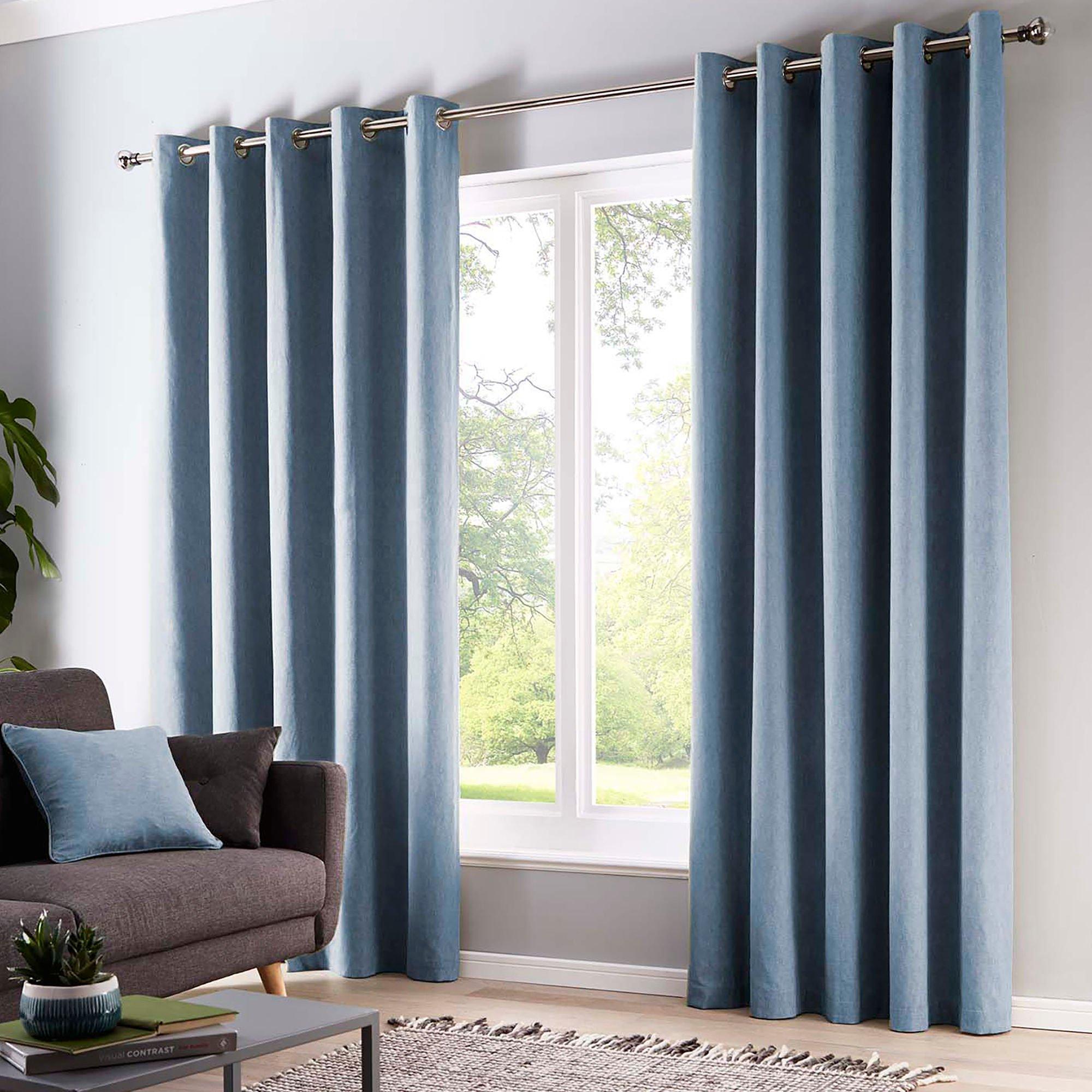 Fusion  Sorbonne Thermal Lined Eyelet Curtains In Blue - 229x229cm