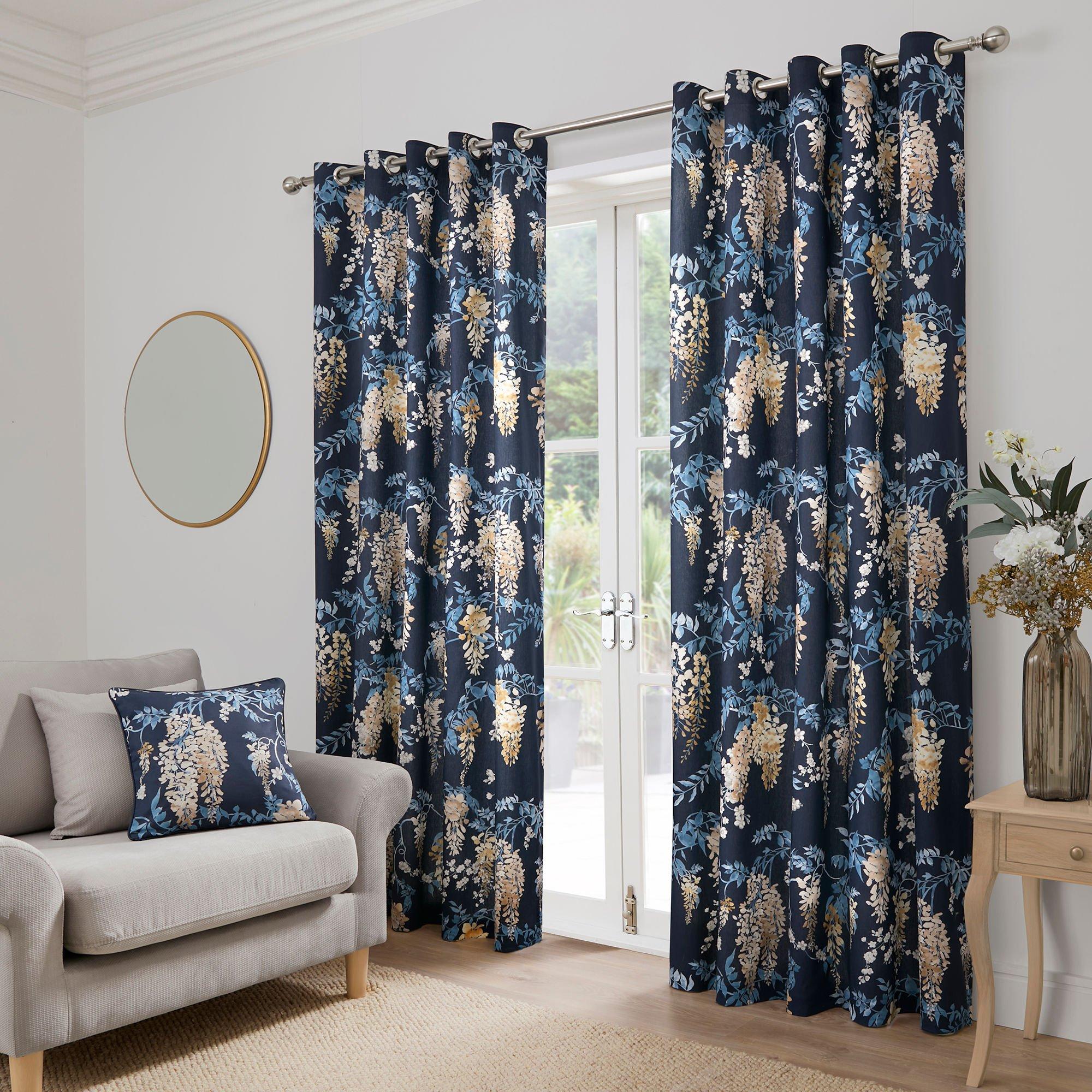 Dreams And Drapes  Wisteria Cotton Eyelet Curtains In Navy - 117x137cm