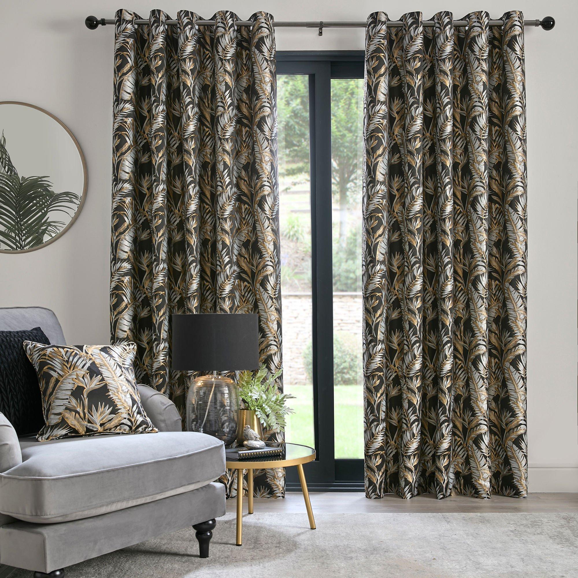 Black - Laurence Llewelyn-Bowen - Paradise Palm Gold Black Jacquard Eyelet Curtains - 1