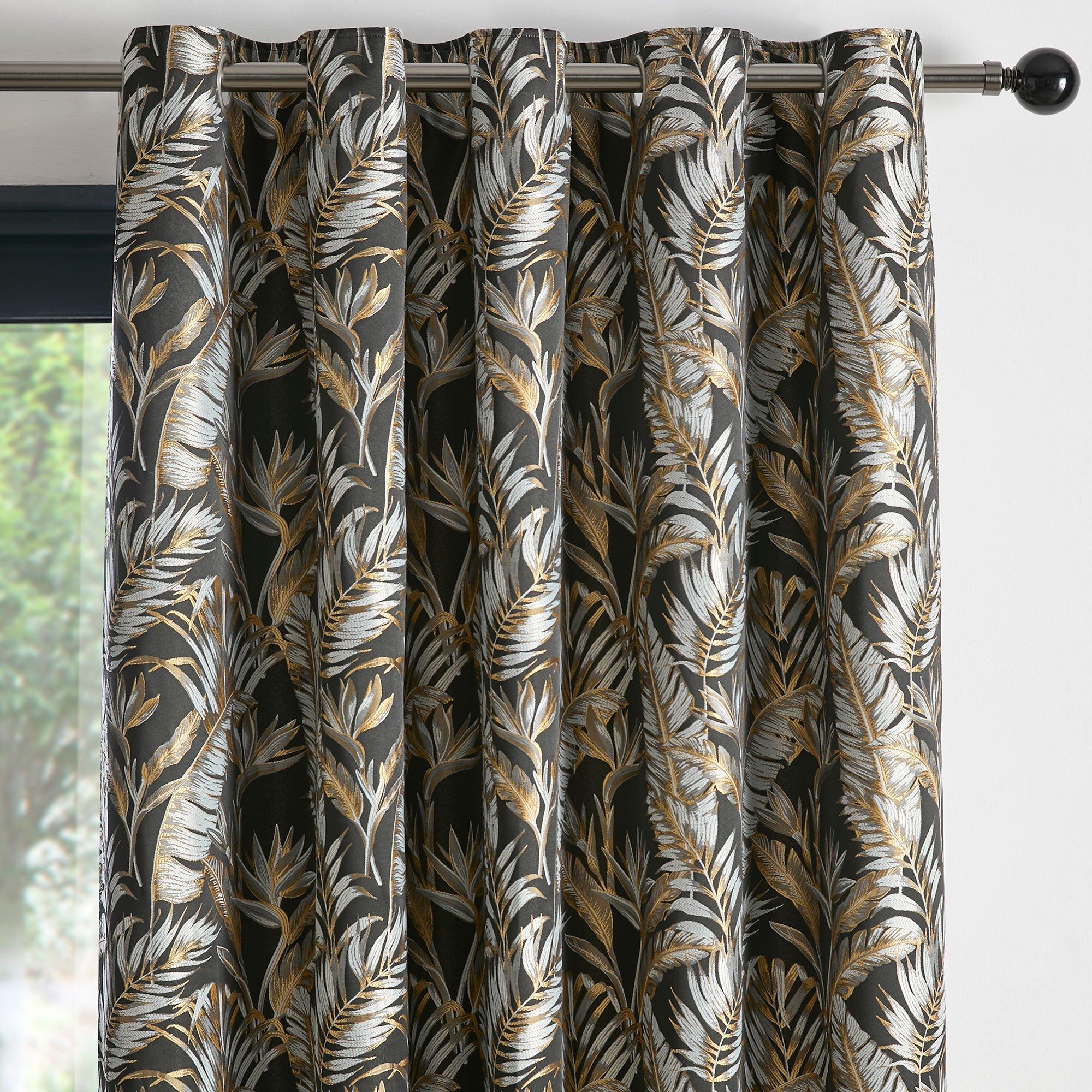 Black - Laurence Llewelyn-Bowen - Paradise Palm Gold Black Jacquard Eyelet Curtains - 2