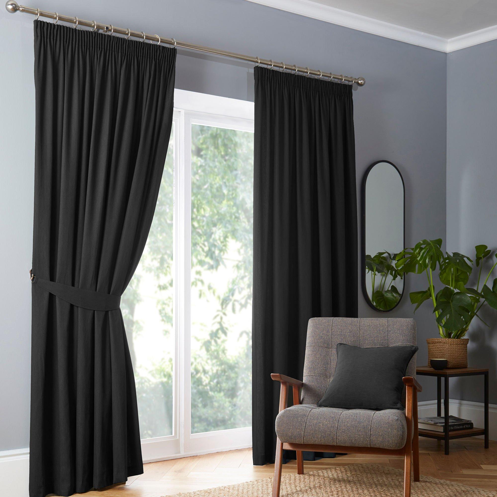 Black - Fusion - Dijon Cotton Thermal Pencil Pleat Curtains - Black - 1