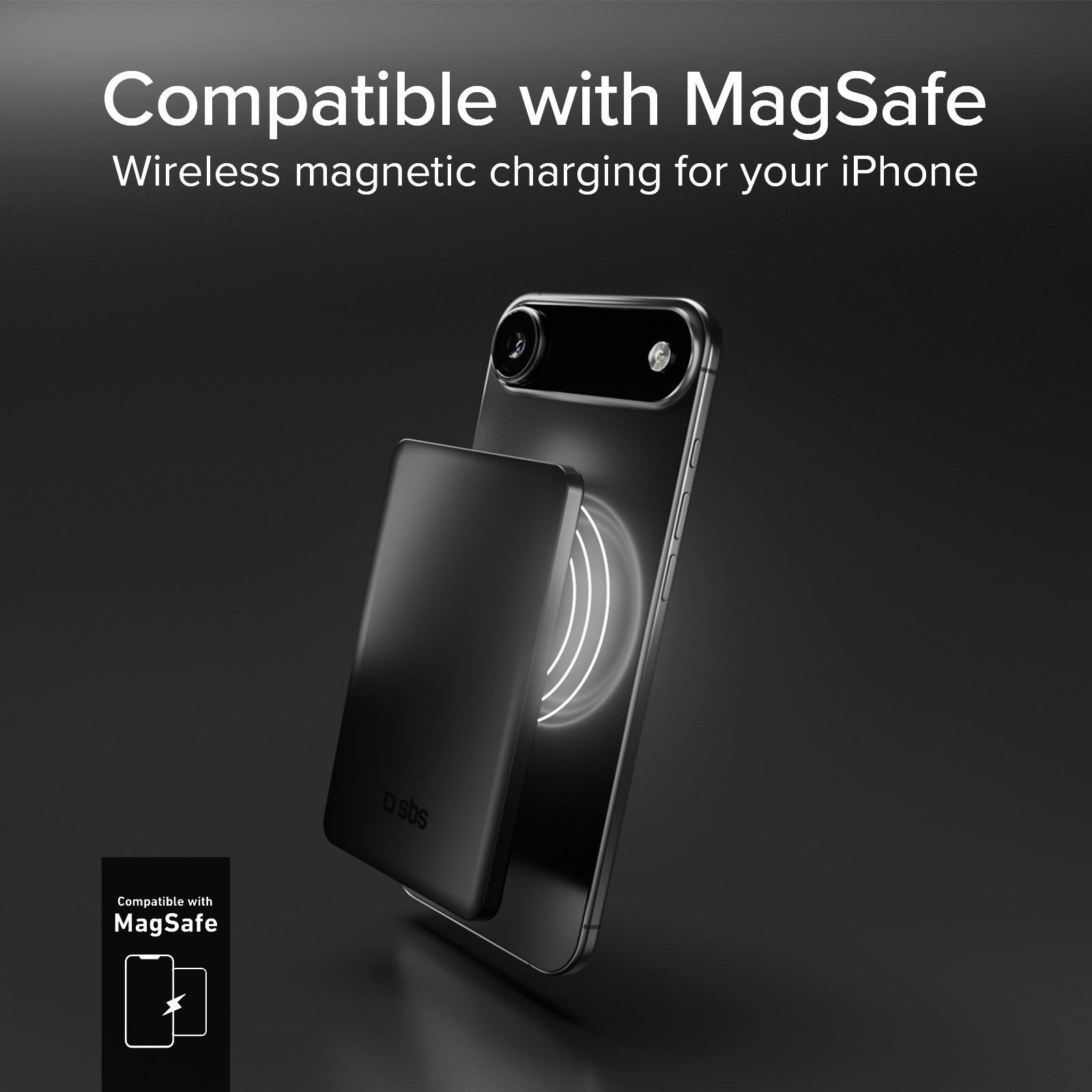 Zwart - SBS - Slim 3000 mAh Magnetic Power Bank with 5W Wireless Charging Compatible with MagSafe - 3