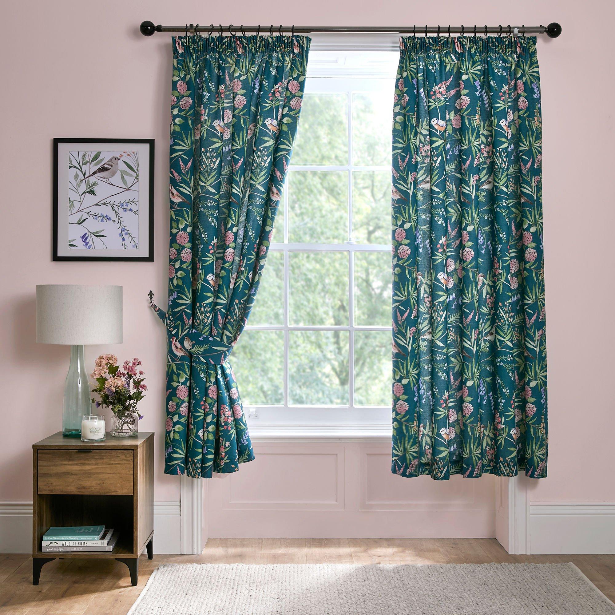 Green - Dreams and Drapes - Caraway Garden Birds Pencil Pleat Curtains - Green - 1