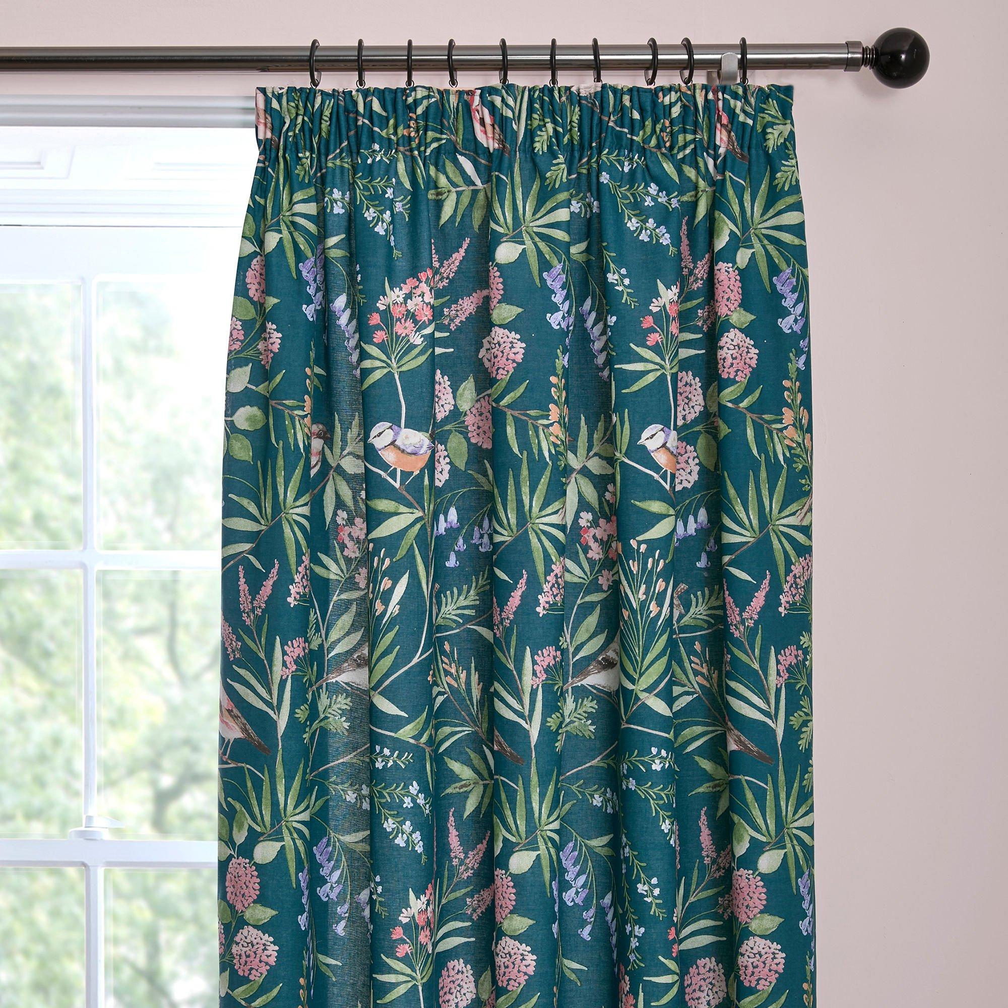 Green - Dreams and Drapes - Caraway Garden Birds Pencil Pleat Curtains - Green - 2