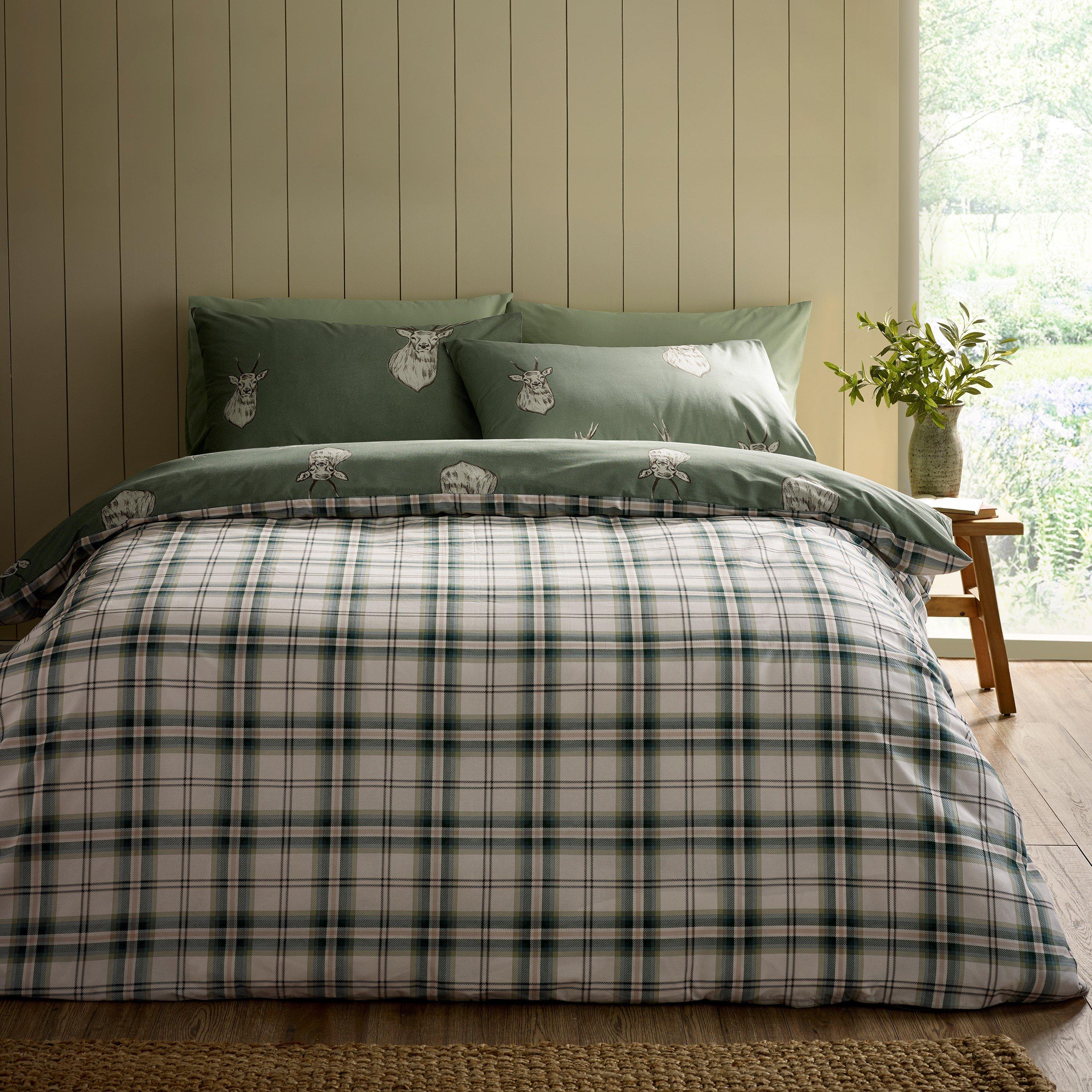 Soft Green - Catherine Lansfield - Stag Check Reversible Duvet Cover Set Soft - 2