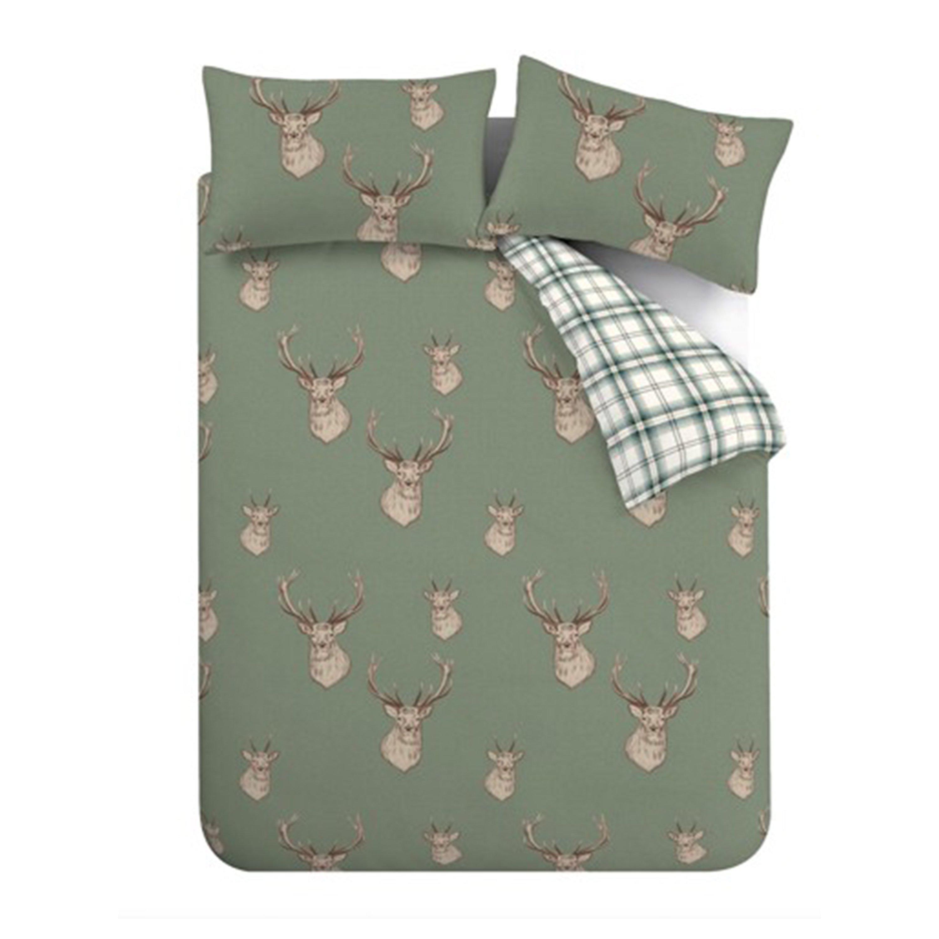 Soft Green - Catherine Lansfield - Stag Check Reversible Duvet Cover Set Soft - 5