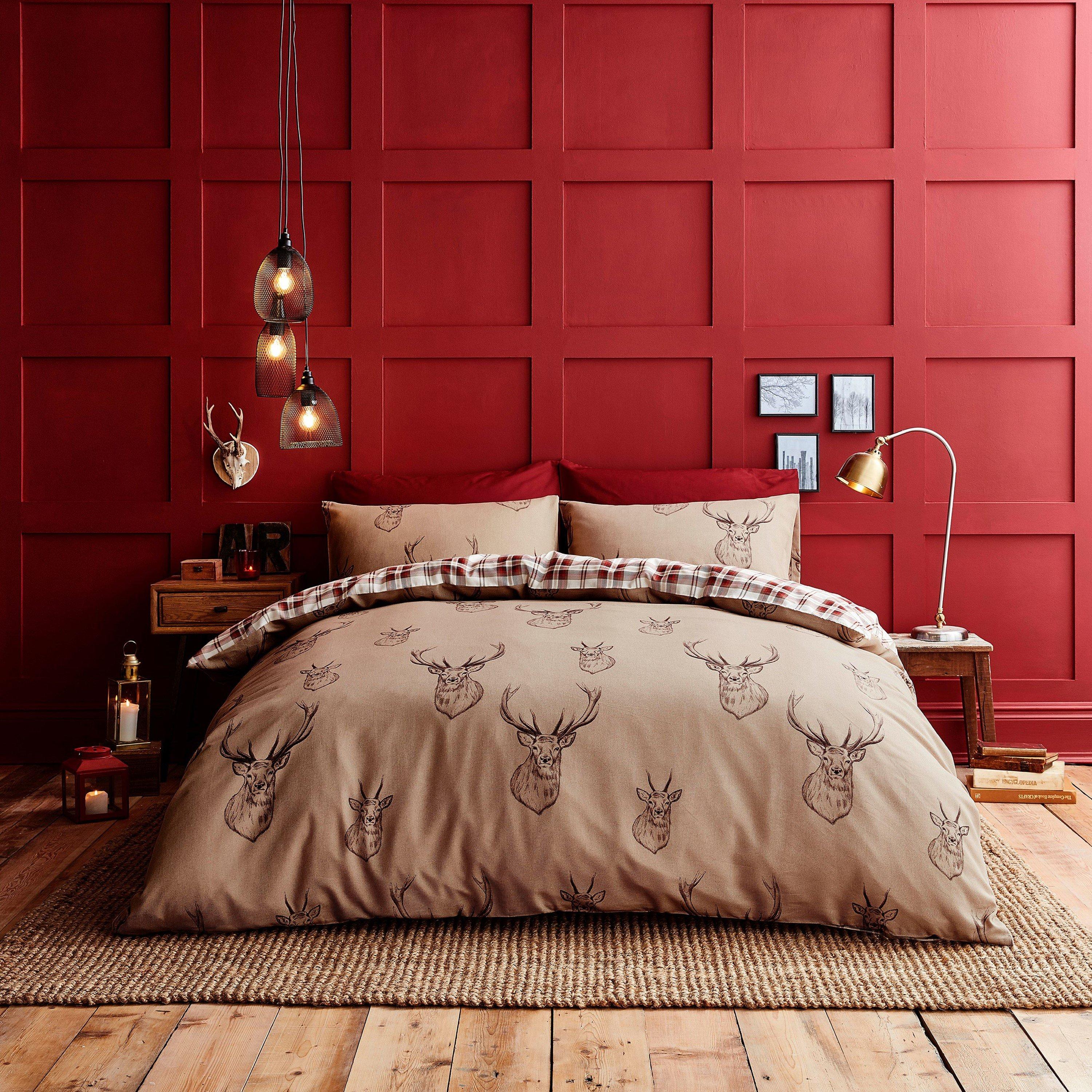 Natural - Catherine Lansfield - Stag Check Reversible Duvet Cover Set Soft - 1