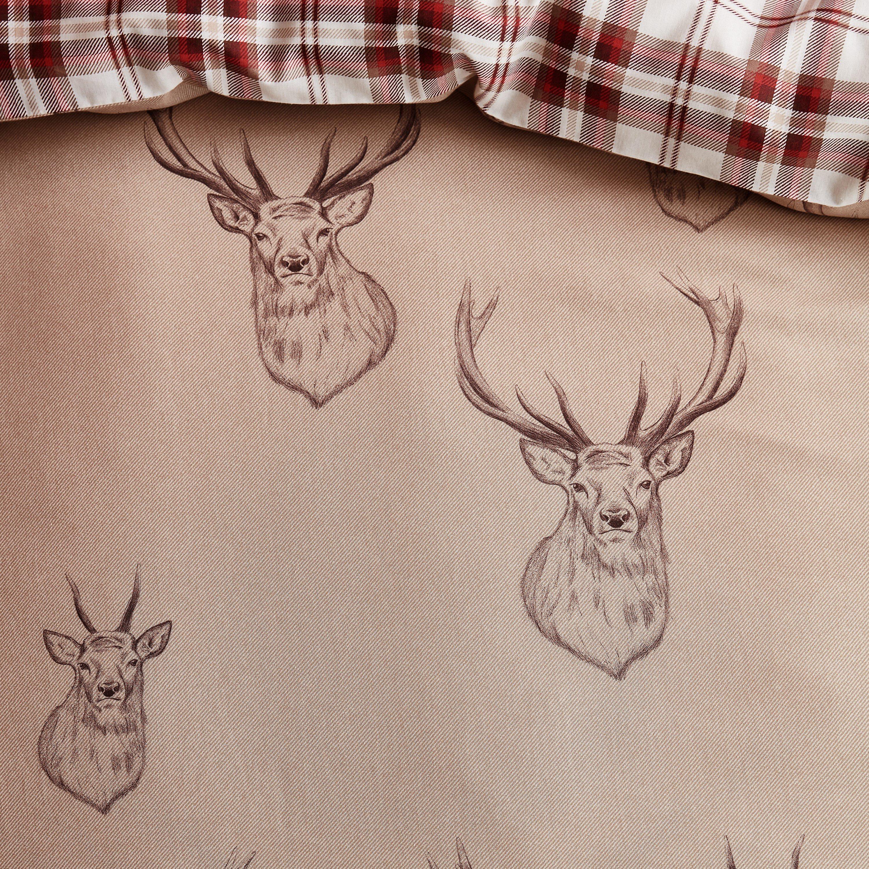 Natural - Catherine Lansfield - Stag Check Reversible Duvet Cover Set Soft - 4