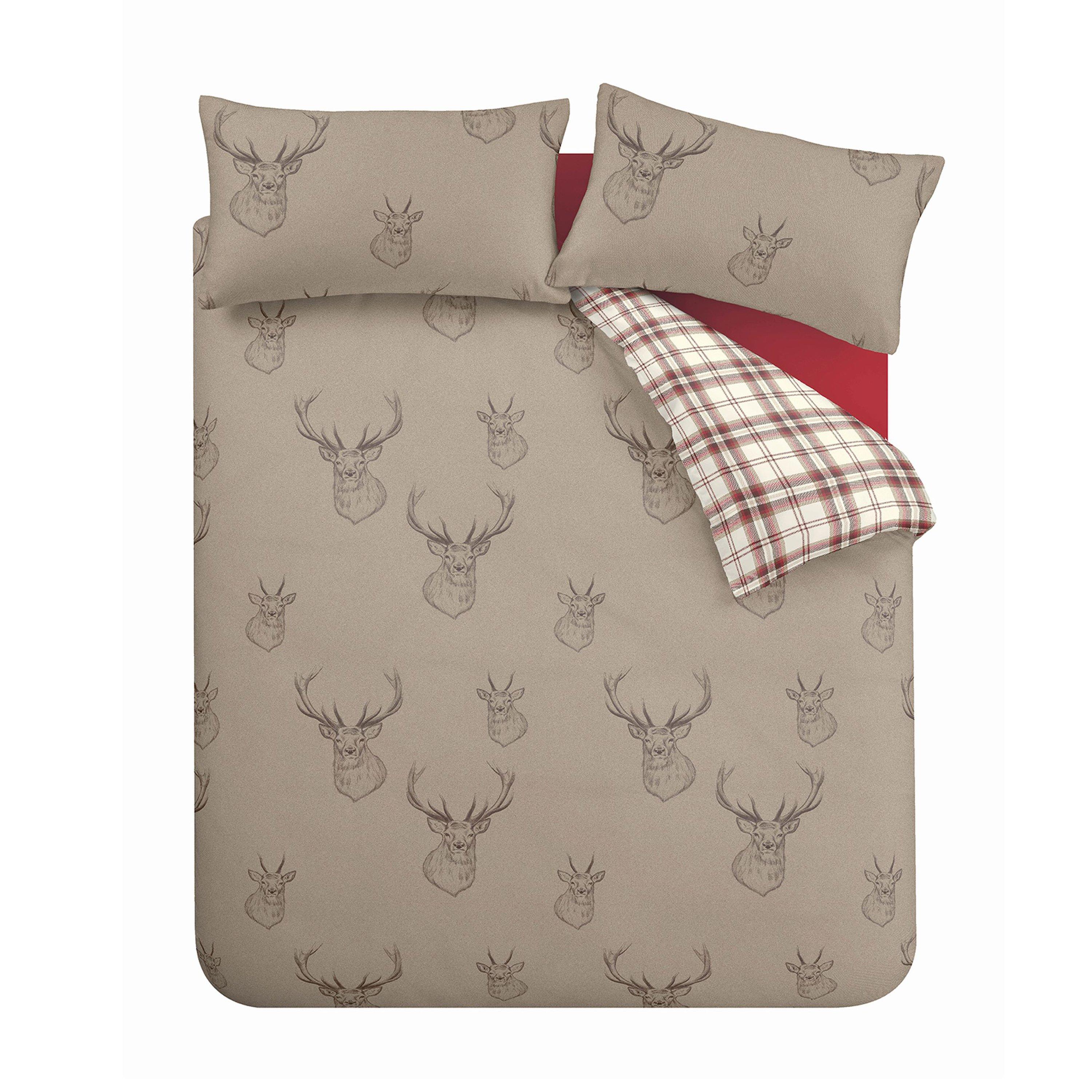 Natural - Catherine Lansfield - Stag Check Reversible Duvet Cover Set Soft - 5