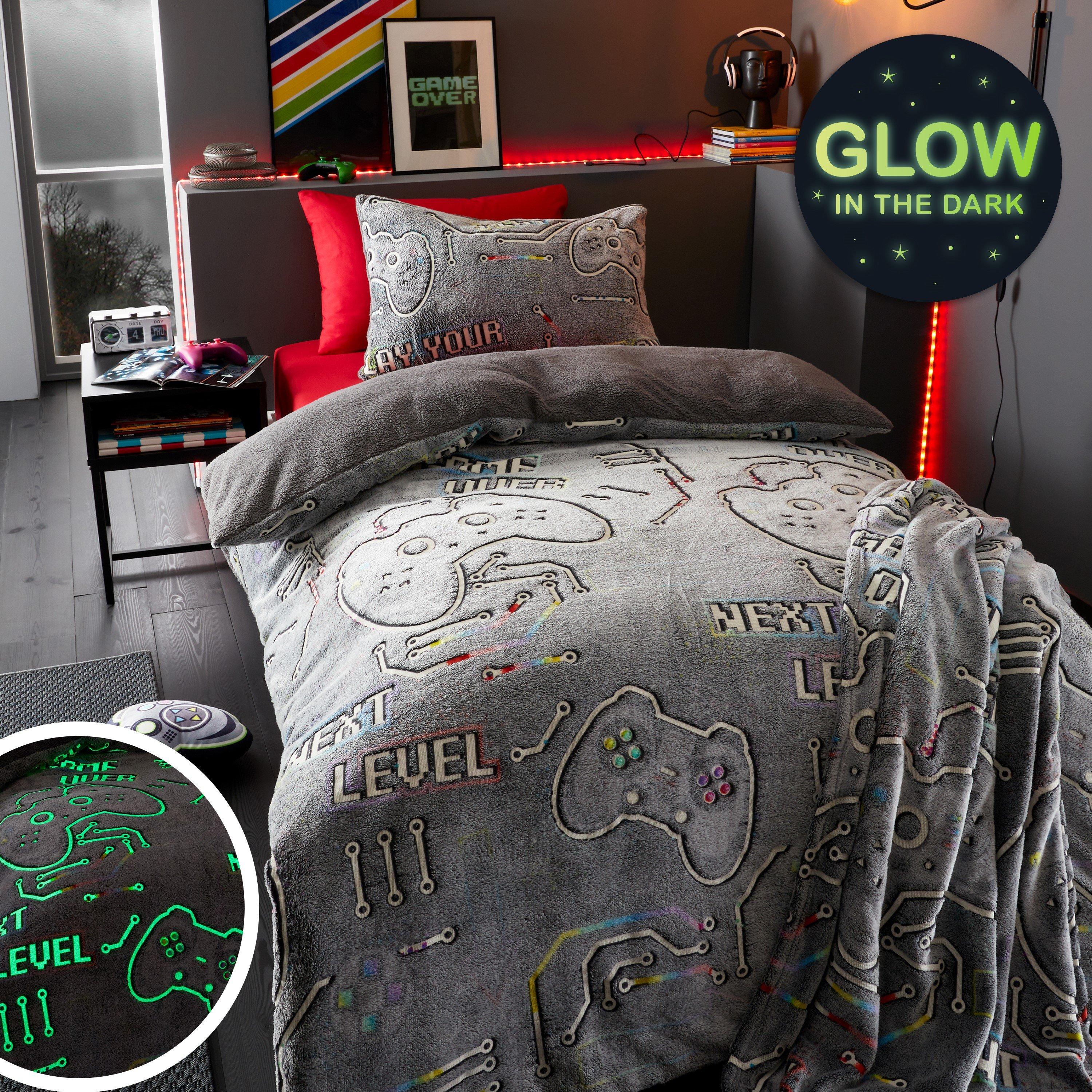 Catherine Lansfield  Kids Game Over Glow In The Dark Fleece Duvet Cover Set - Black - Double