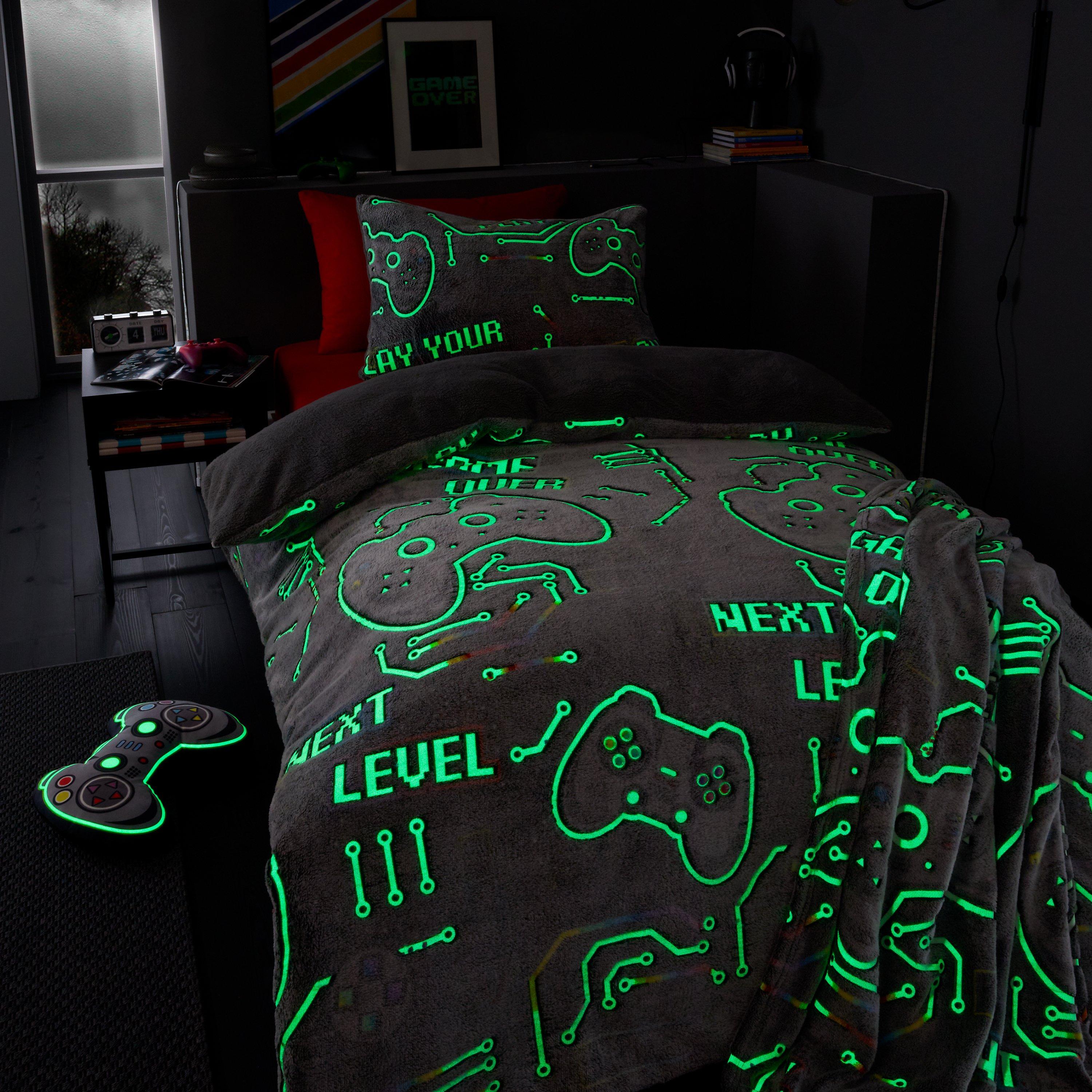 Black - Catherine Lansfield - Game Over Glow in the Dark Fleece Duvet Cover Set - 2