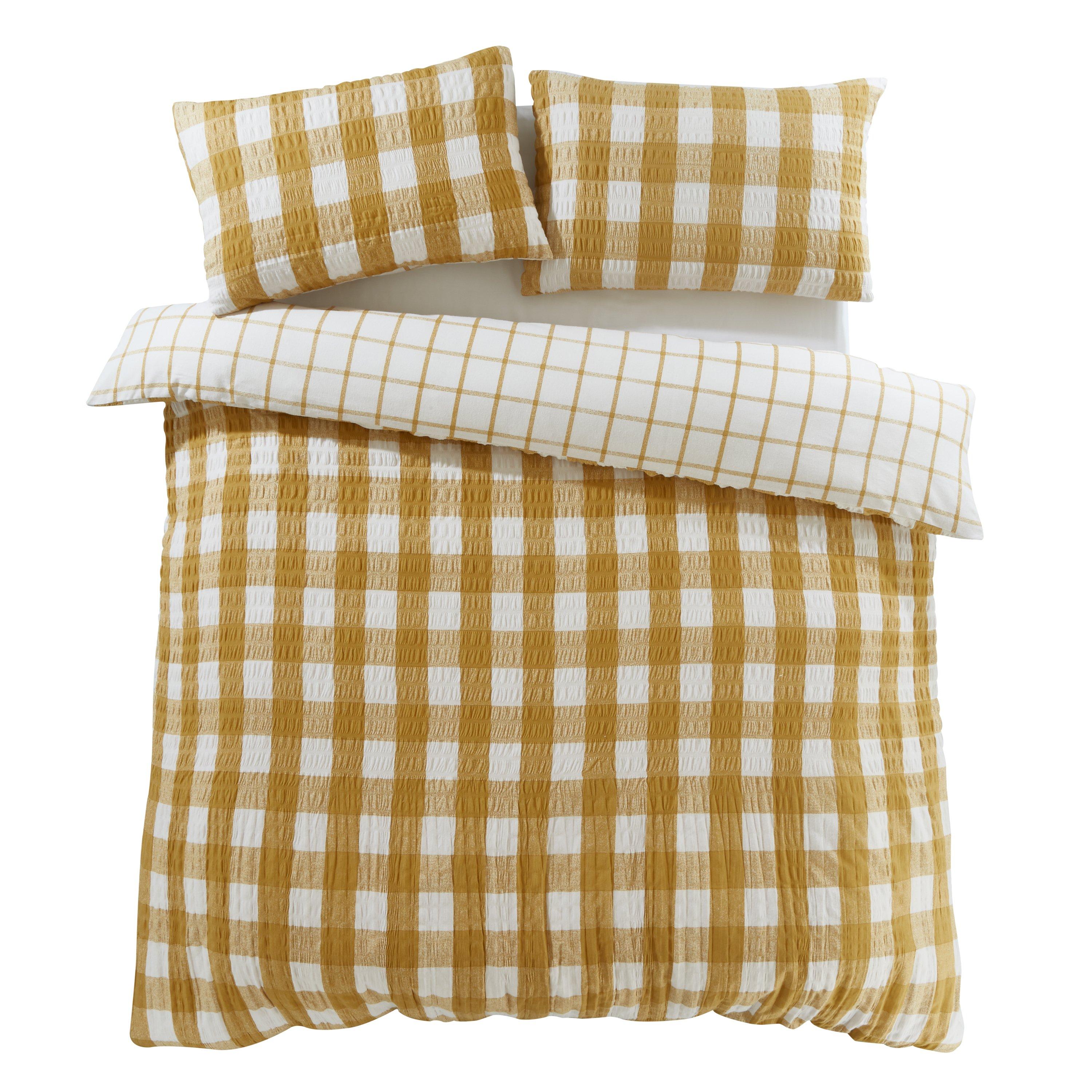 Caramel - Catherine Lansfield - Brushed Seersucker Gingham Duvet Cover Set - 6
