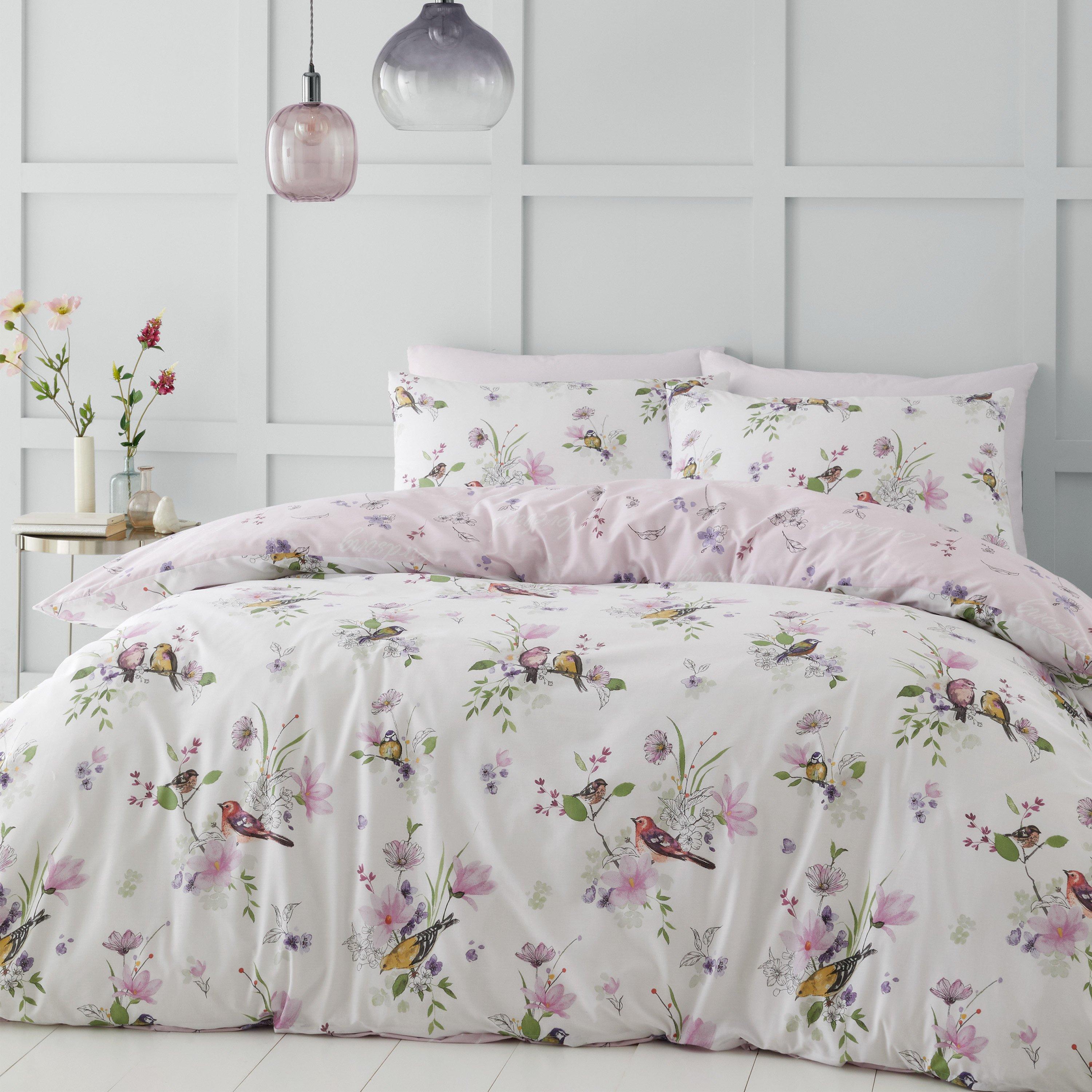 Catherine Lansfield  Songbird Reversible Duvet Cover Set - Pink - Double