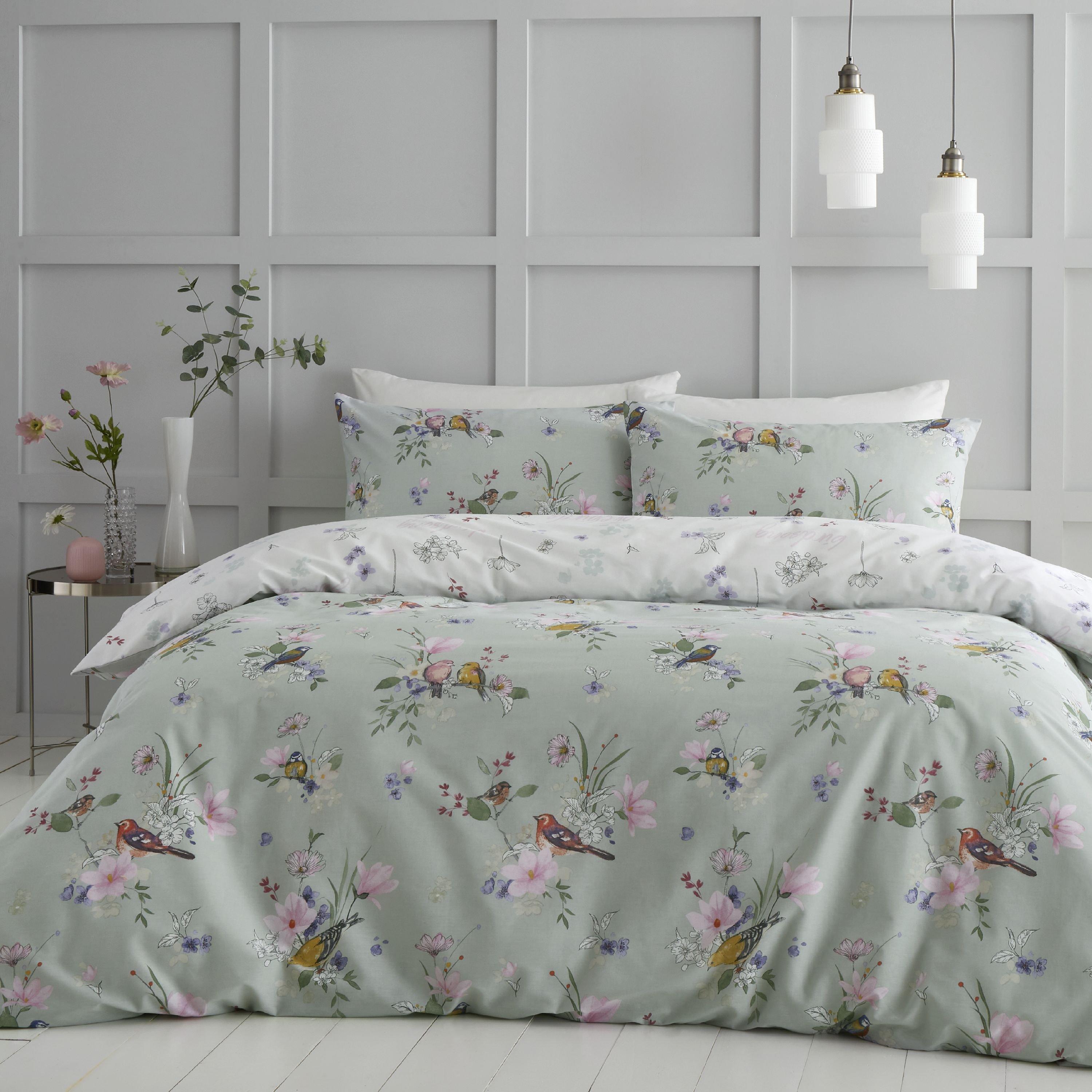 Catherine Lansfield  Songbird Reversible Duvet Cover Set - Sage Green - King