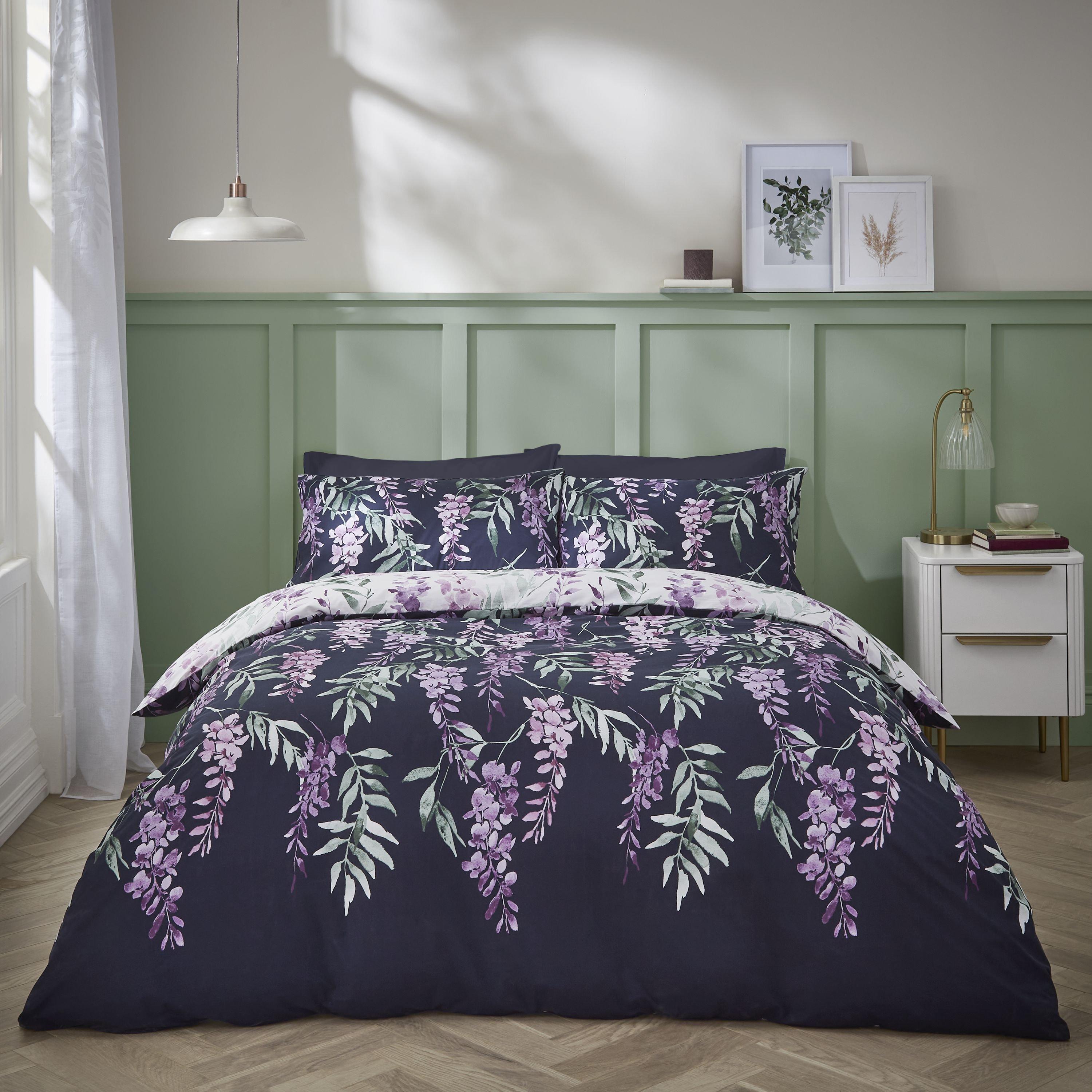 White/Navy - Catherine Lansfield - Wisteria Floral Reversible Duvet Cover Set - 2