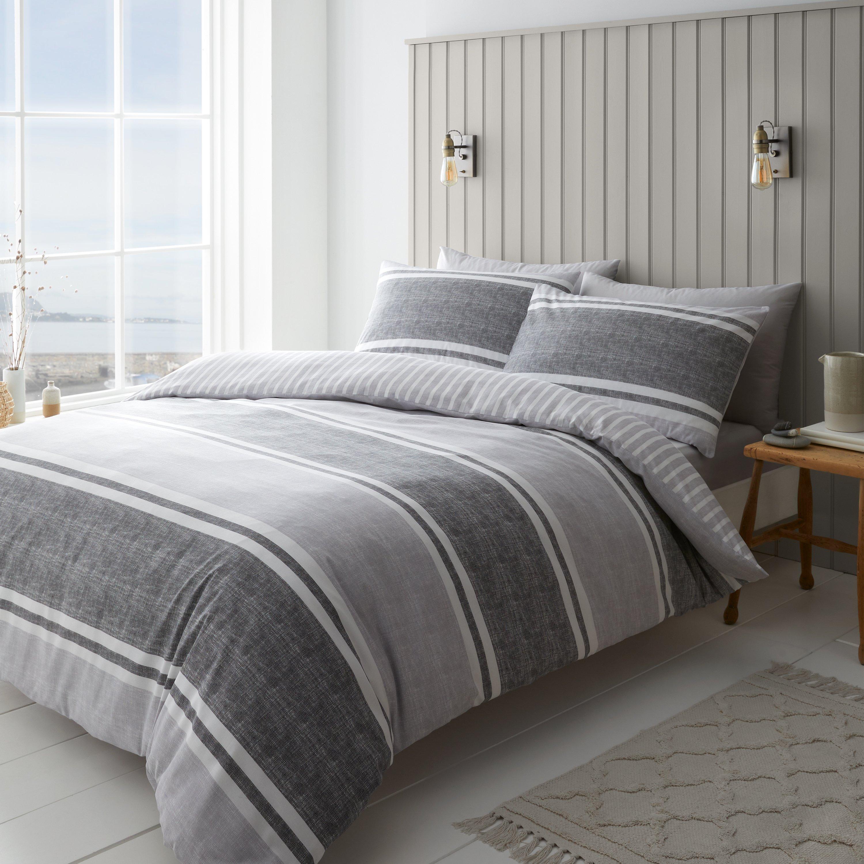 Charcoal Grey - Catherine Lansfield - Textured Banded Stripe Reversible Duvet Cover Set - 1