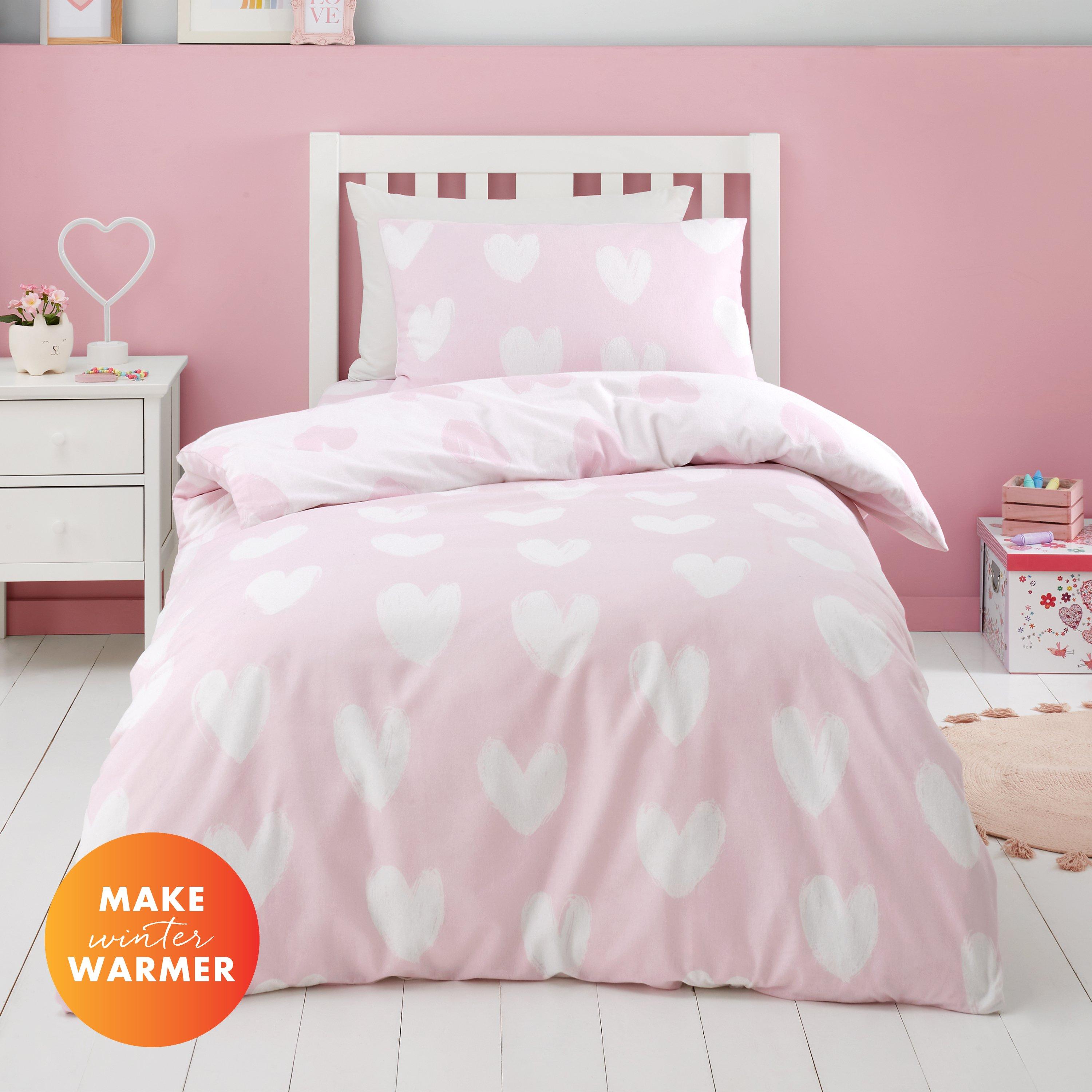 Pink - Catherine Lansfield - Brushed Cotton Hearts Reversible Duvet Cover Set - 1