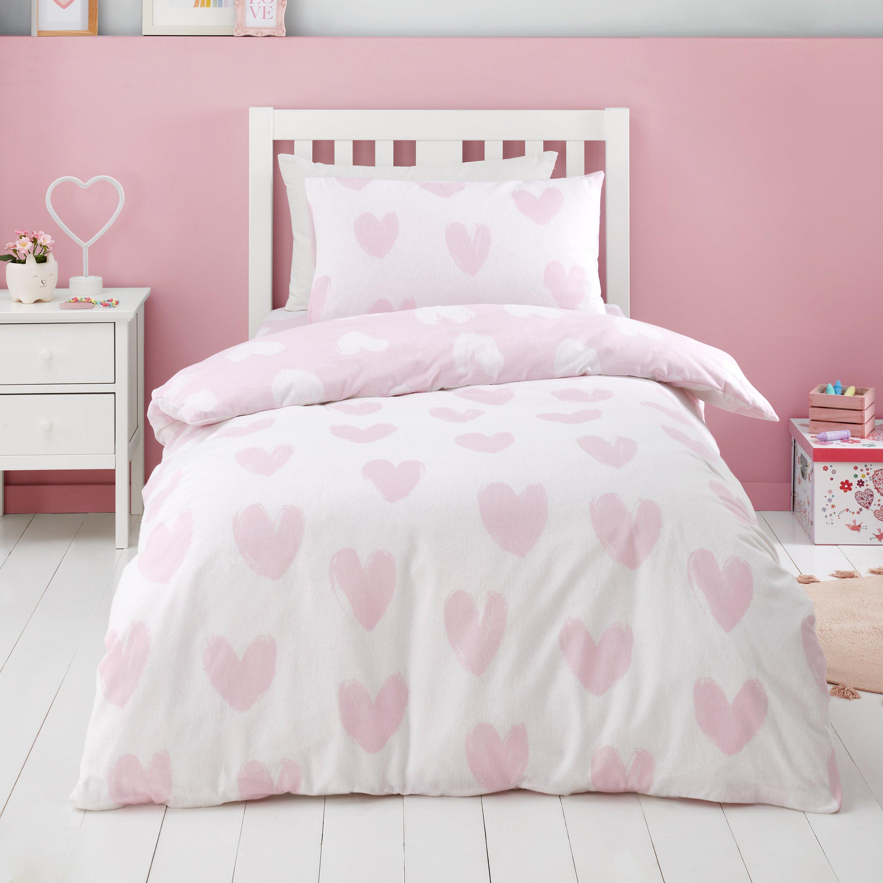 Pink - Catherine Lansfield - Brushed Cotton Hearts Reversible Duvet Cover Set - 2
