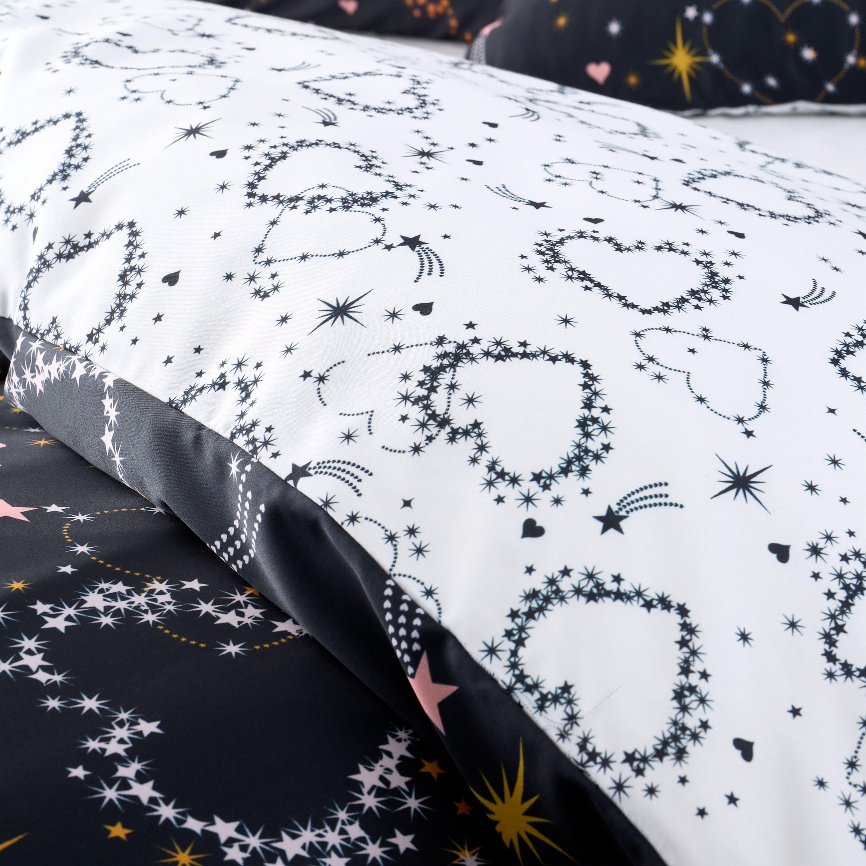 Black - Catherine Lansfield - Cosmic Hearts and Stars Reversible Duvet Cover Set - 4