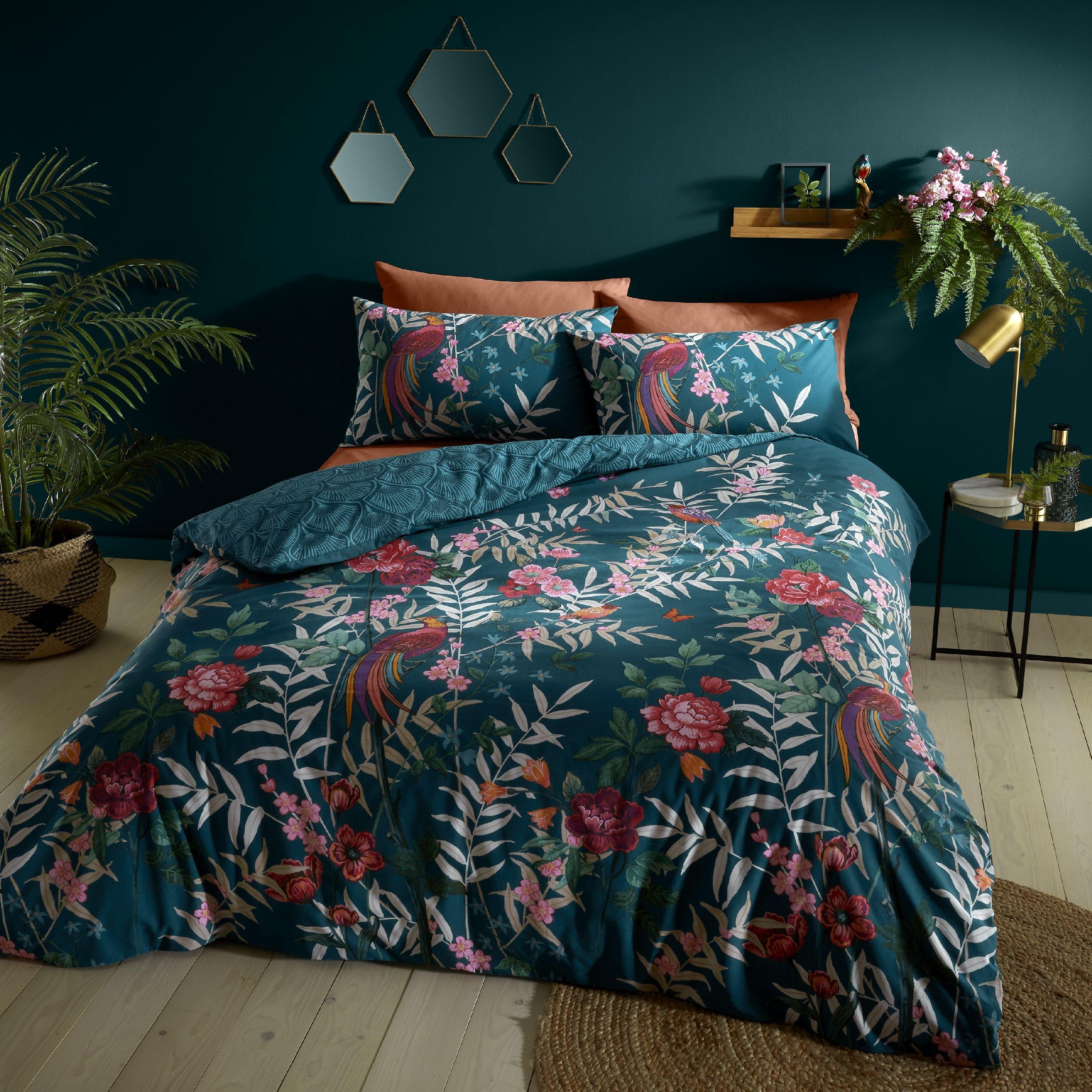 Green - Catherine Lansfield - Tropical Floral Birds Reversible Duvet Cover Set - 1