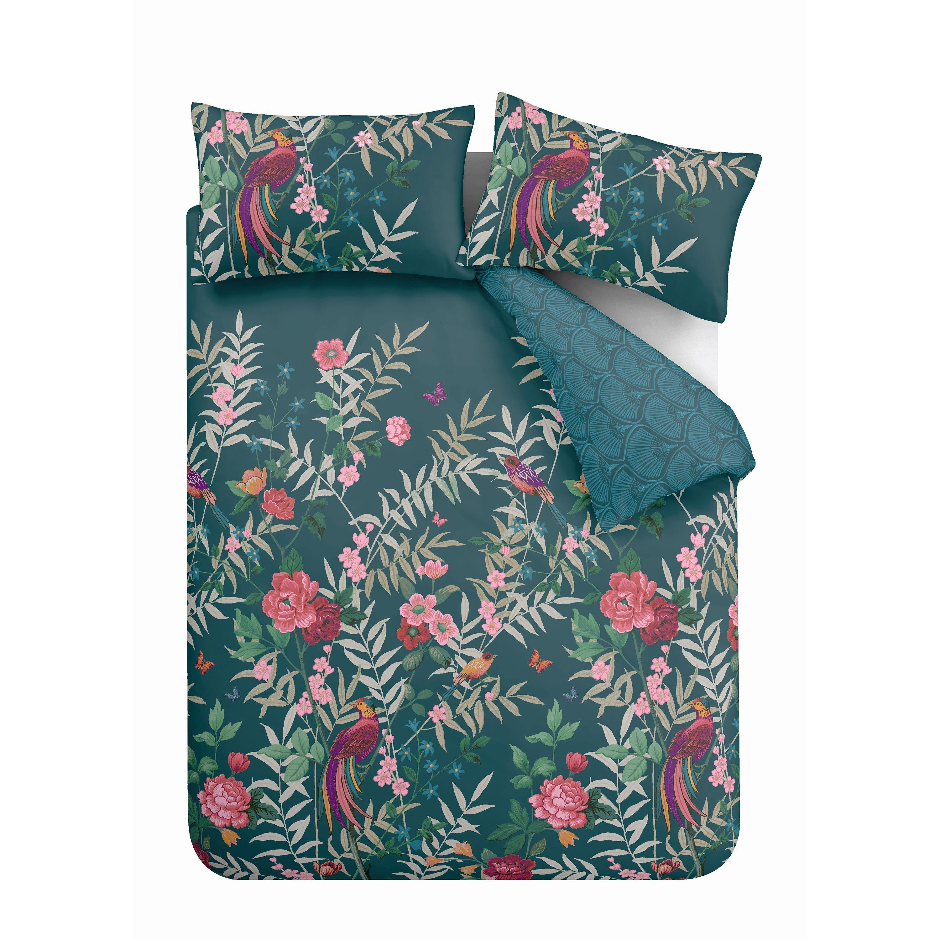Green - Catherine Lansfield - Tropical Floral Birds Reversible Duvet Cover Set - 5
