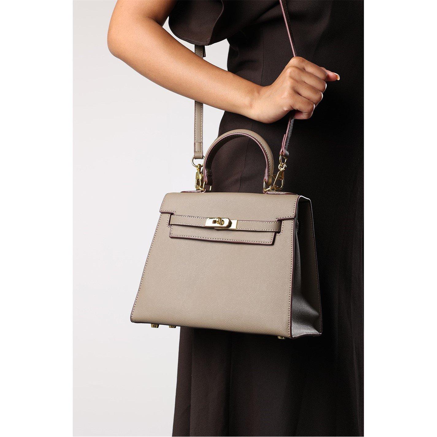Beige - Wheres That From - Wheres Top Handle Satchel Mini Tote Bag with Turn-Lock - 2