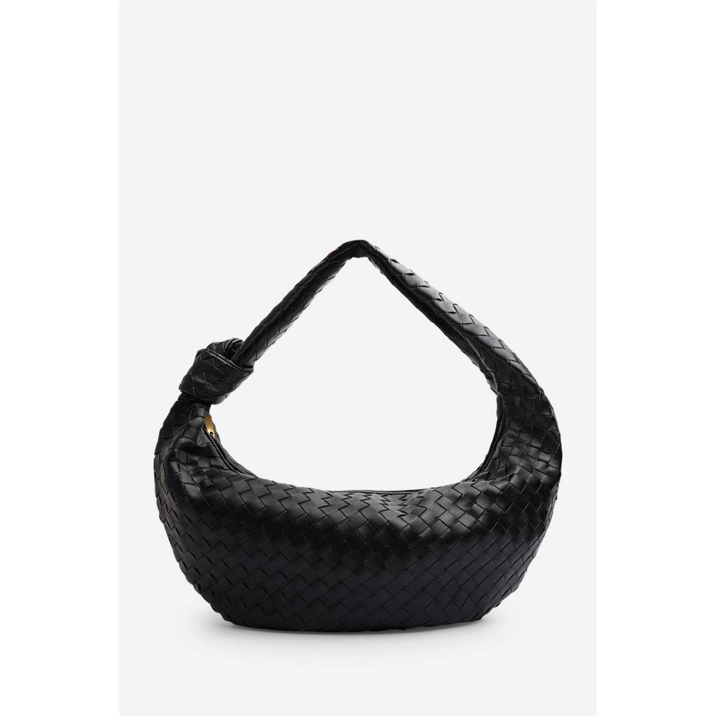 Black - Wheres That From - Knotted Strap Woven Shoulder Bag - 2